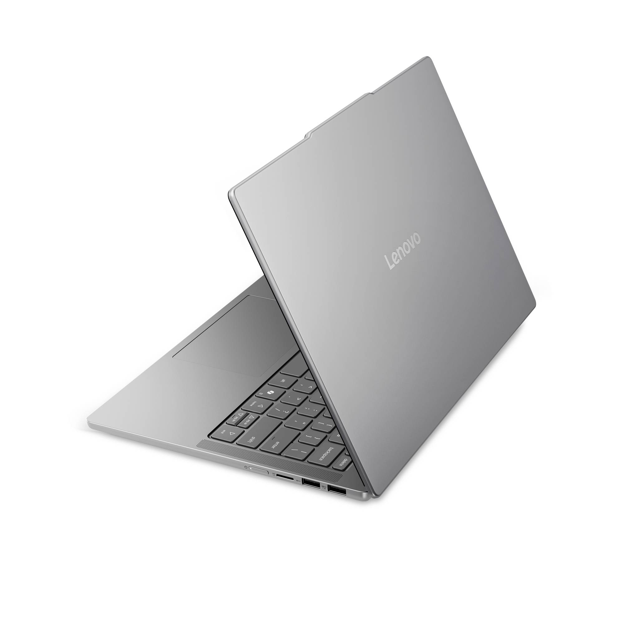 Silberner Lenovo-Laptop teilweise geöffnet auf weißem Hintergrund, Tastatur und Scharnierdesign sichtbar.