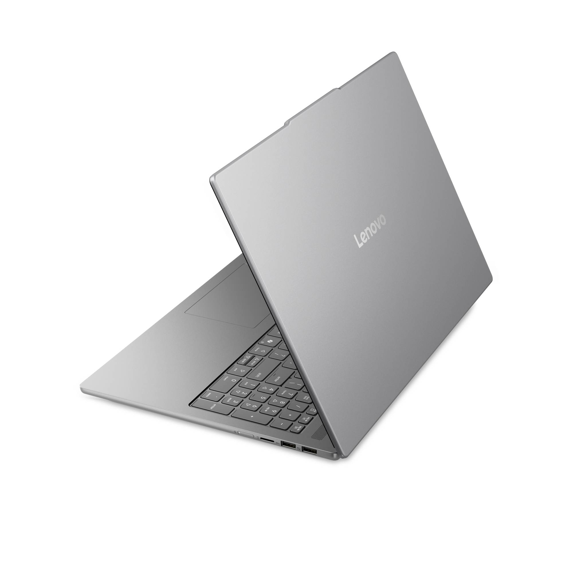 Silberner Lenovo-Laptop teilweise geöffnet, zeigt die Tastatur und einen schlichten Deckel mit dem Lenovo-Logo.