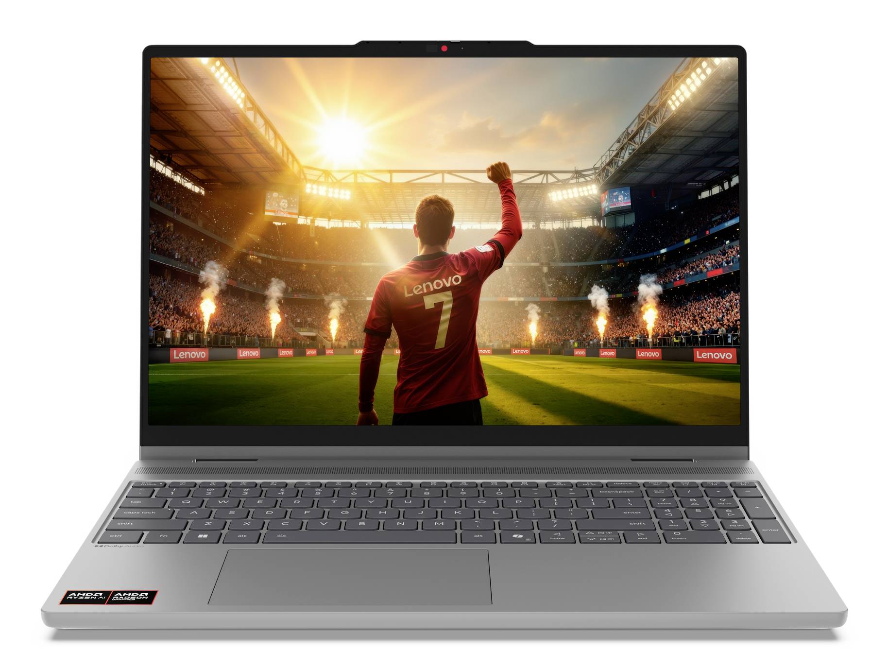 Ein Lenovo-Laptop, der einen Fußballspieler mit erhobener Faust in einem Stadion bei Sonnenuntergang zeigt, mit Menge und Feuerwerk im Hintergrund.