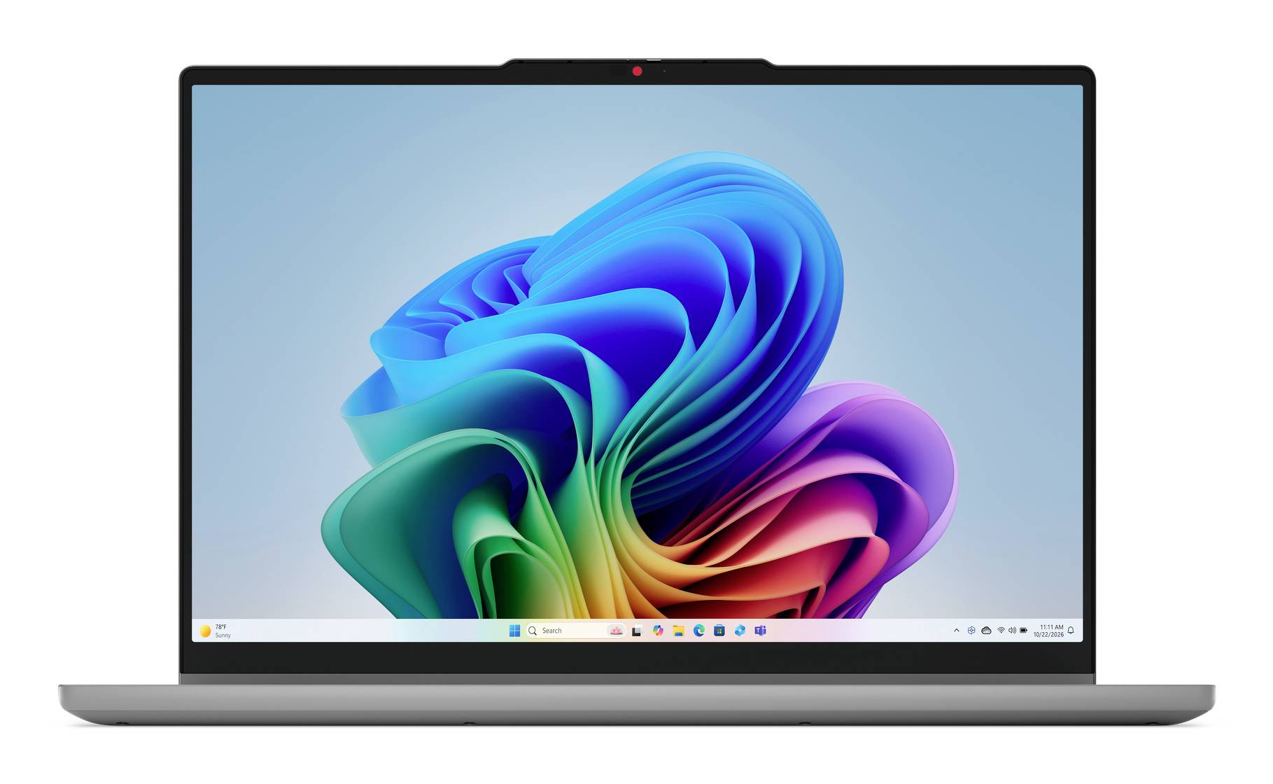Ein silberner Laptop zeigt den Windows 11-Desktop mit einem bunten abstrakten Wirbel-Hintergrundbild auf dem Bildschirm an.
