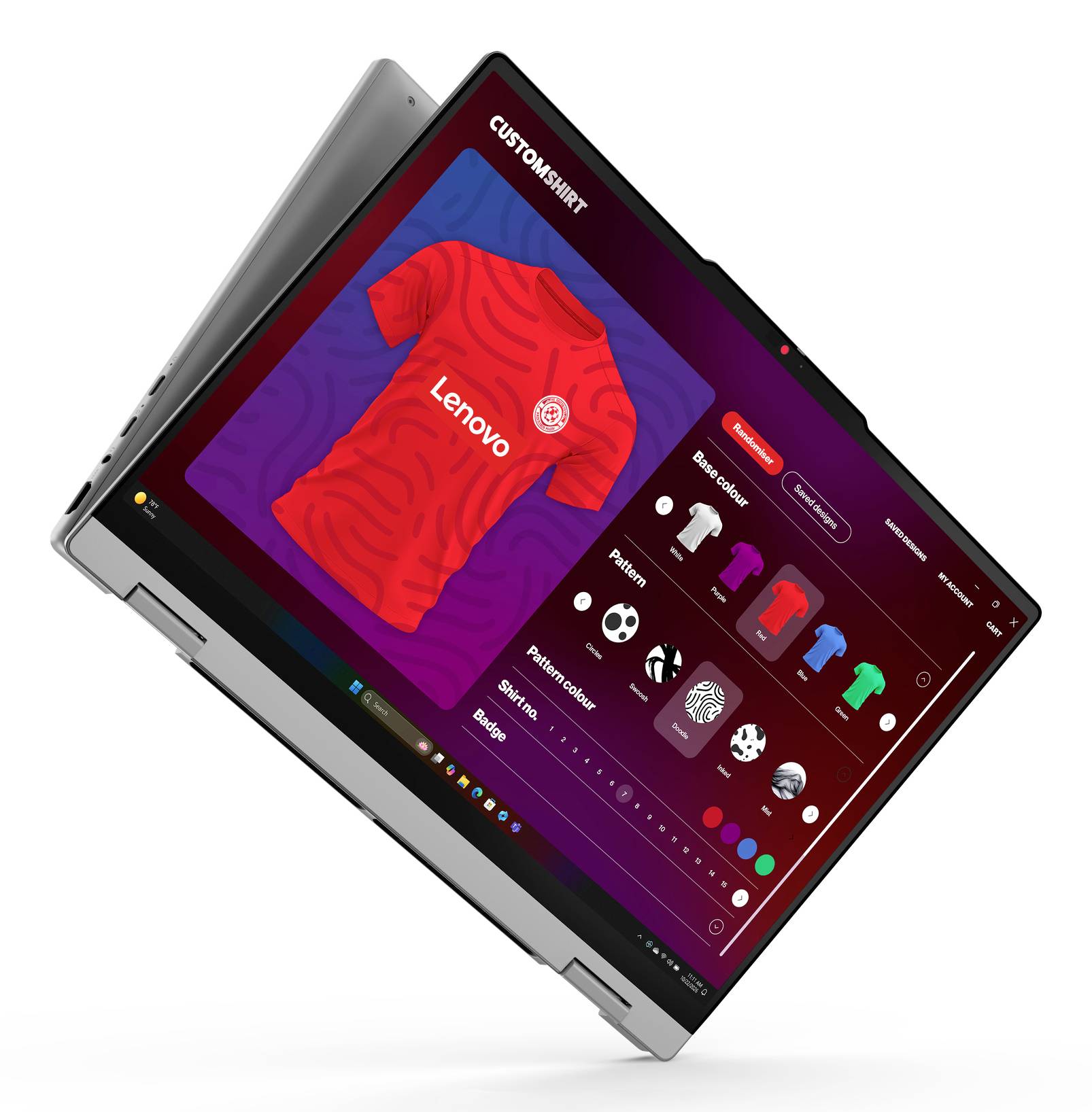 Ein 2-in-1-Laptop zeigt eine benutzerdefinierte App zum Entwerfen von T-Shirts mit einer roten Lenovo-T-Shirt-Vorschau und wählbaren Farben, Mustern und Stilen an.