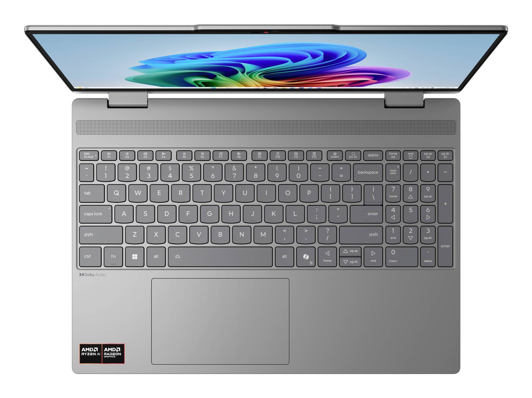 Draufsicht auf einen grauen Laptop mit geöffnetem Bildschirm, der eine farbenfrohe abstrakte Tapete zeigt, sowie eine Vollgröße-Tastatur mit Nummernblock.
