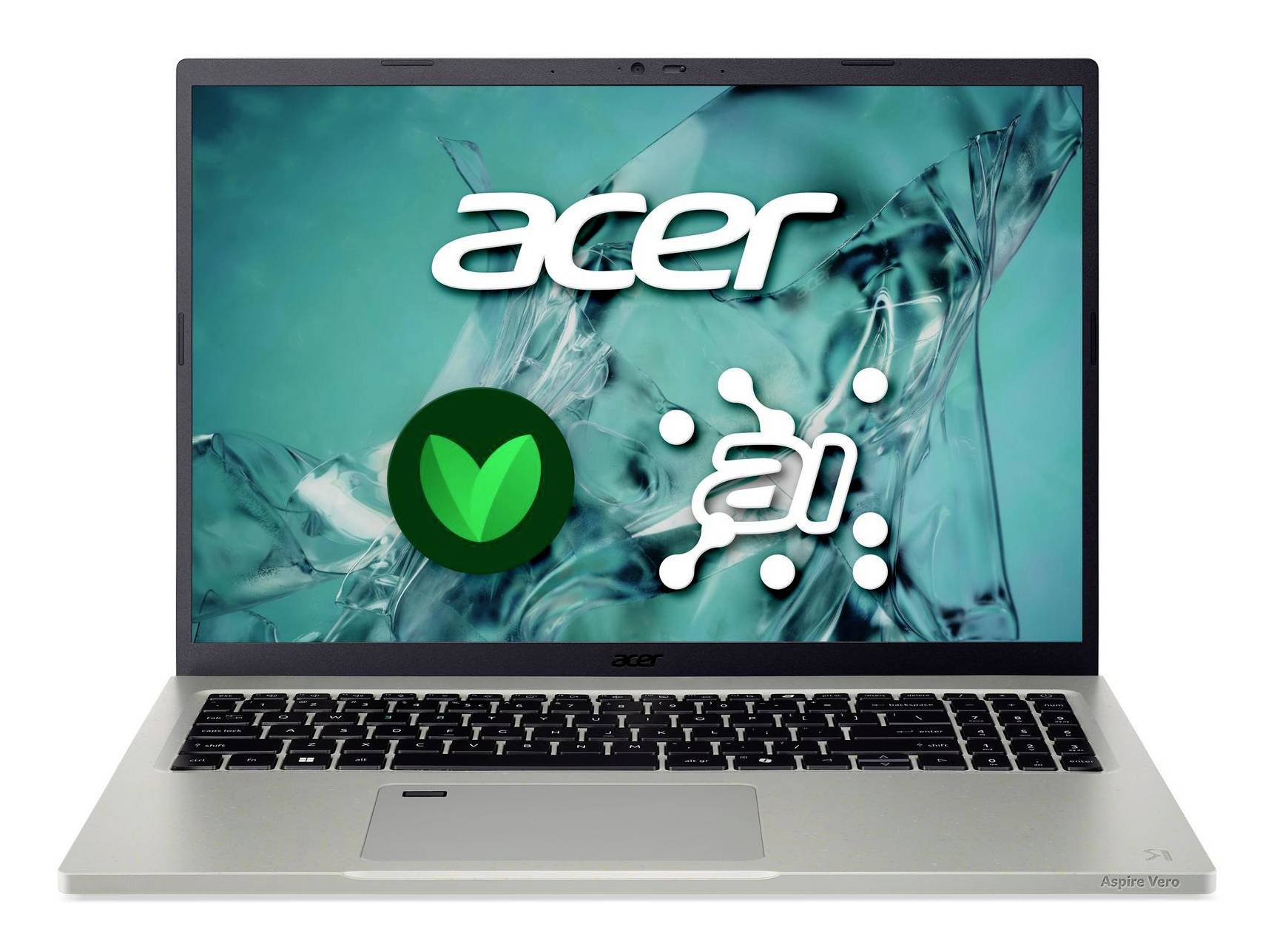 Acer Aspire Vero Laptop mit umweltthematischen grünen Blatt-Symbolen auf dem Bildschirm, frontal gegen weißen Hintergrund dargestellt.