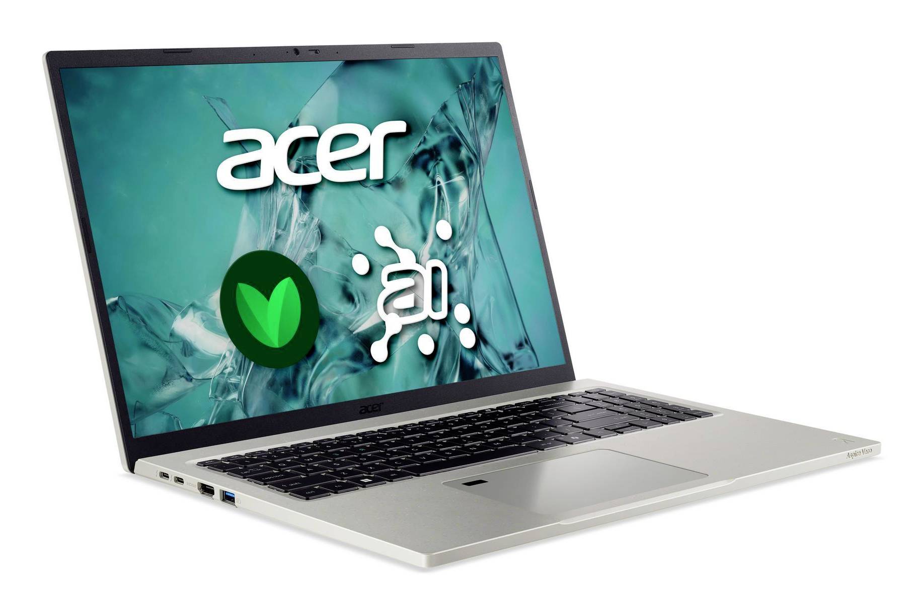 Silberner Acer-Laptop, der in einem Winkel geöffnet angezeigt wird und das Acer-Logo sowie ein grünes Blatt-Symbol auf dem Bildschirm zeigt.