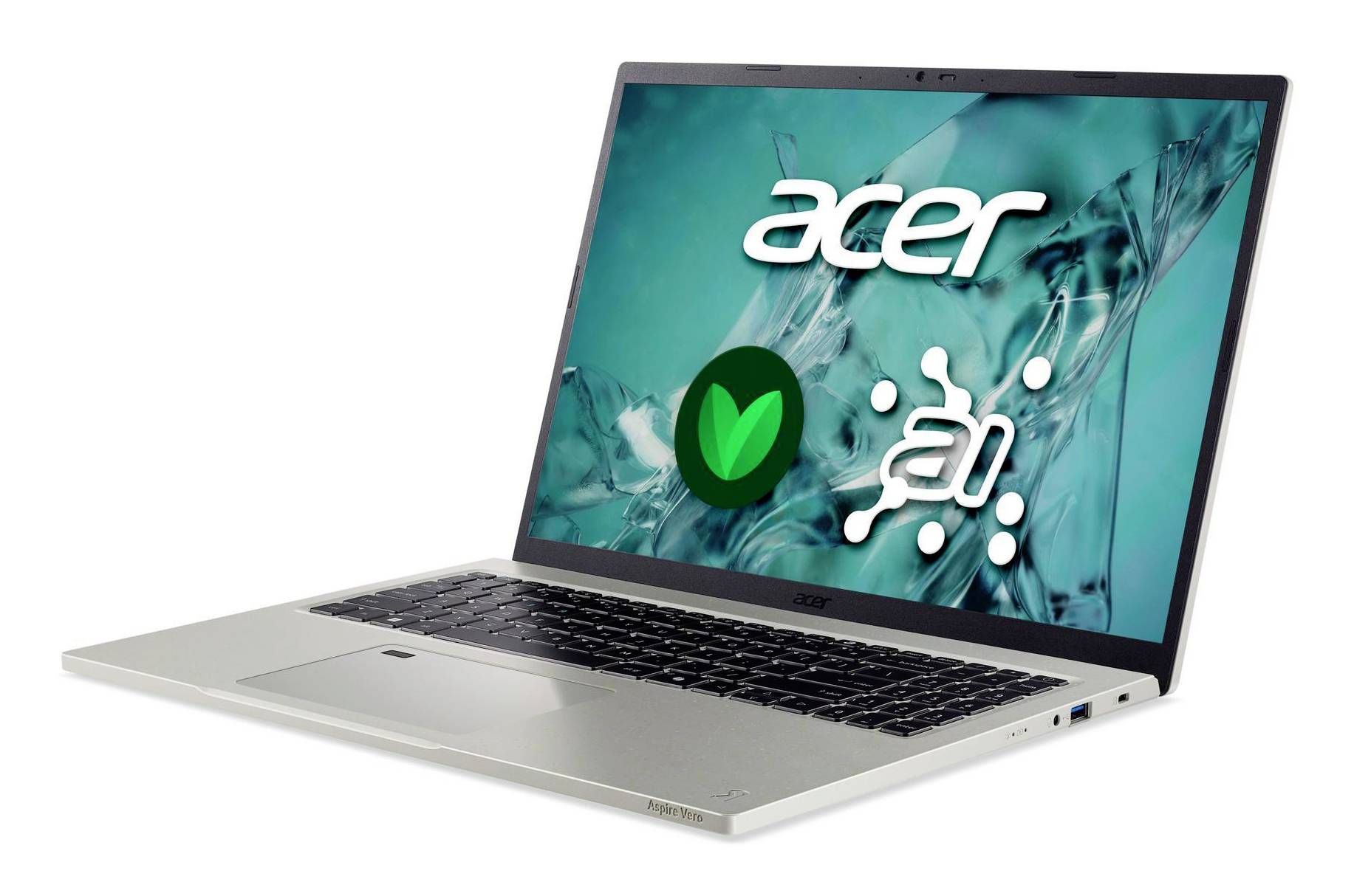 Acer-Laptop, der in einem Winkel geöffnet gezeigt wird, mit grünen Öko-Stil-Icons auf dem Bildschirm vor weißem Hintergrund.