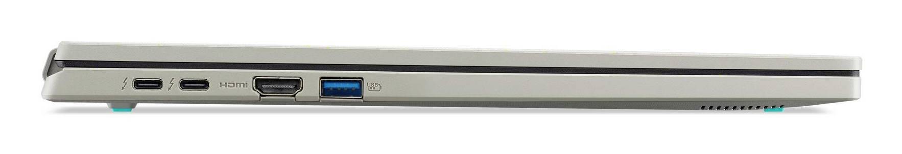 Seitenansicht eines geschlossenen silbernen Laptops mit Anzeige der vorderen Anschlüsse: USB-C, HDMI, USB-A und einer Ladeanzeigeleuchte.