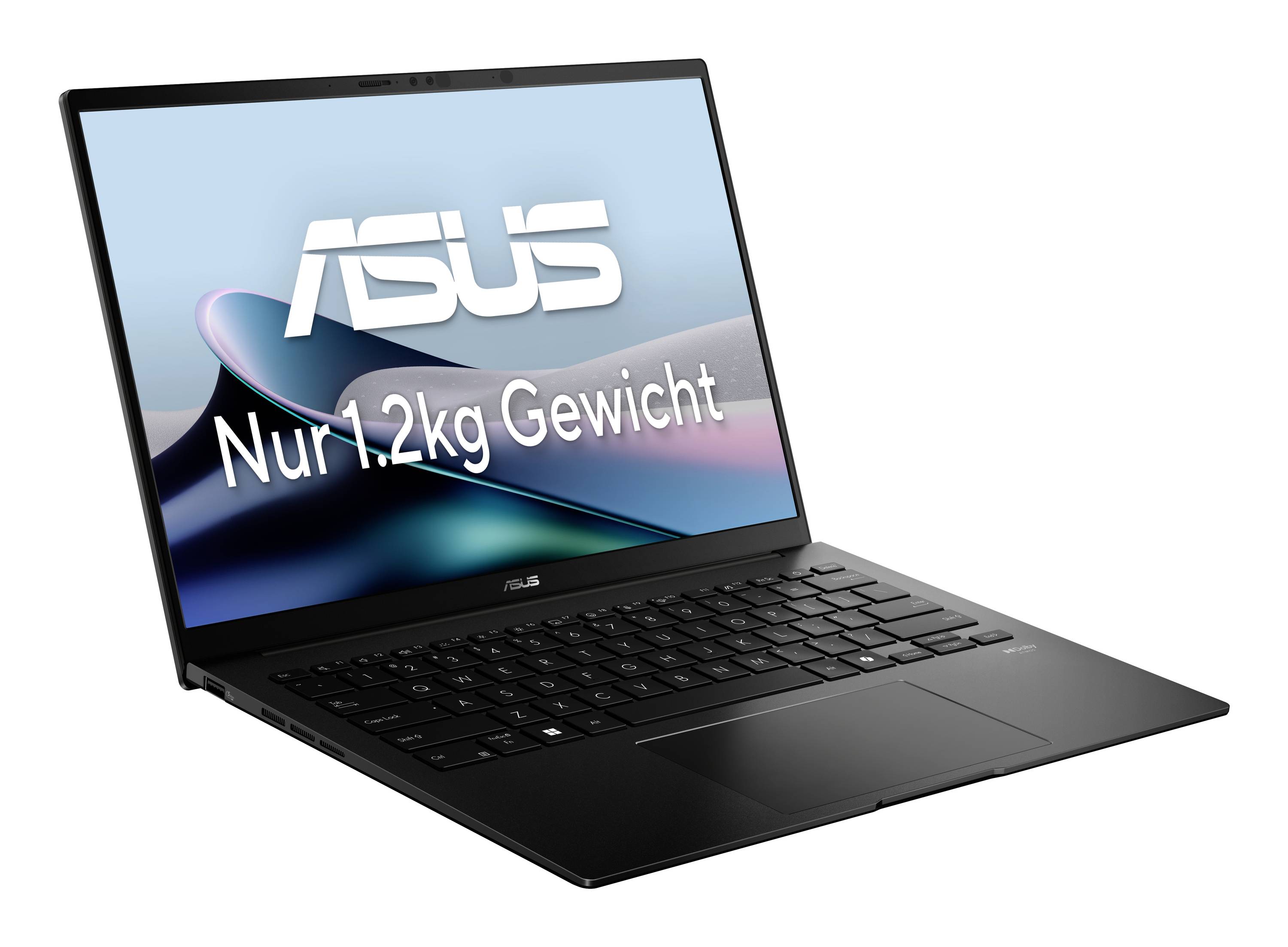 ASUS Laptop auf weißem Hintergrund mit Bildschirmtext „Nur 1.2kg Gewicht
