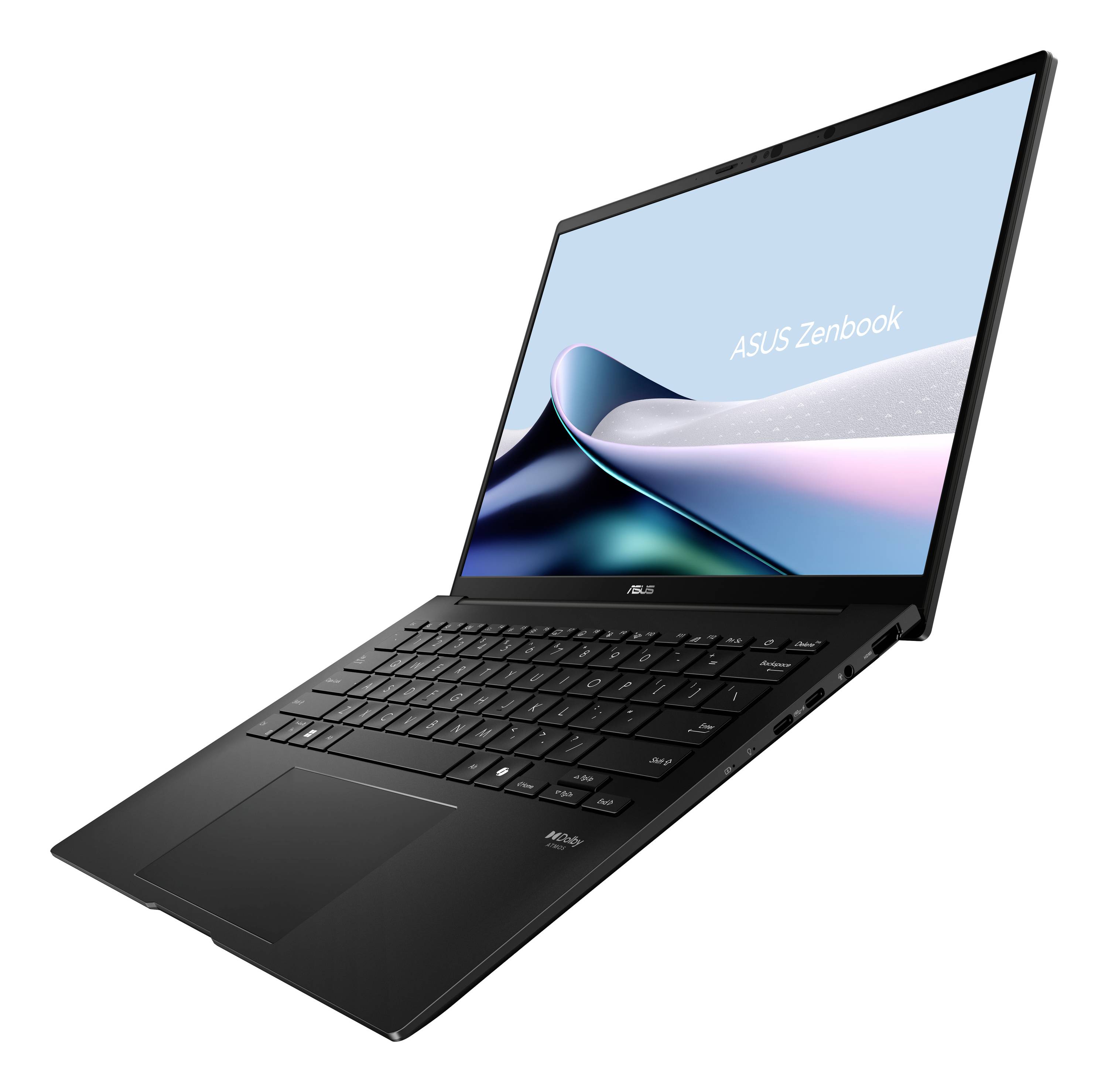 Schwarzes ASUS Zenbook-Laptop in einem Winkel auf weißem Hintergrund geöffnet, zeigt den Bildschirm und die Tastatur mit dem Trackpad.