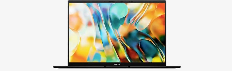 ASUS-Laptop, der geöffnet mit einer farbenfrohen abstrakten Tapete auf dem Bildschirm angezeigt wird.