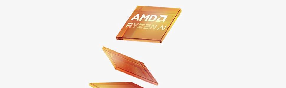 Schwebendes orangefarbenes AMD Ryzen AI Chip-Grafikdesign auf weißem Hintergrund, das den Prozessor aus verschiedenen Winkelperspektiven zeigt.