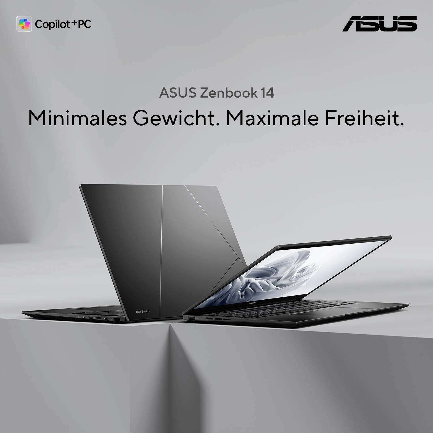 ASUS Zenbook 14 Anzeige, die zwei schlanke Laptops zeigt, einen geöffnet und einen geschlossen, mit dem deutschen Slogan „Minimales Gewicht. Maximale Freiheit." und Copilot+ PC Branding.