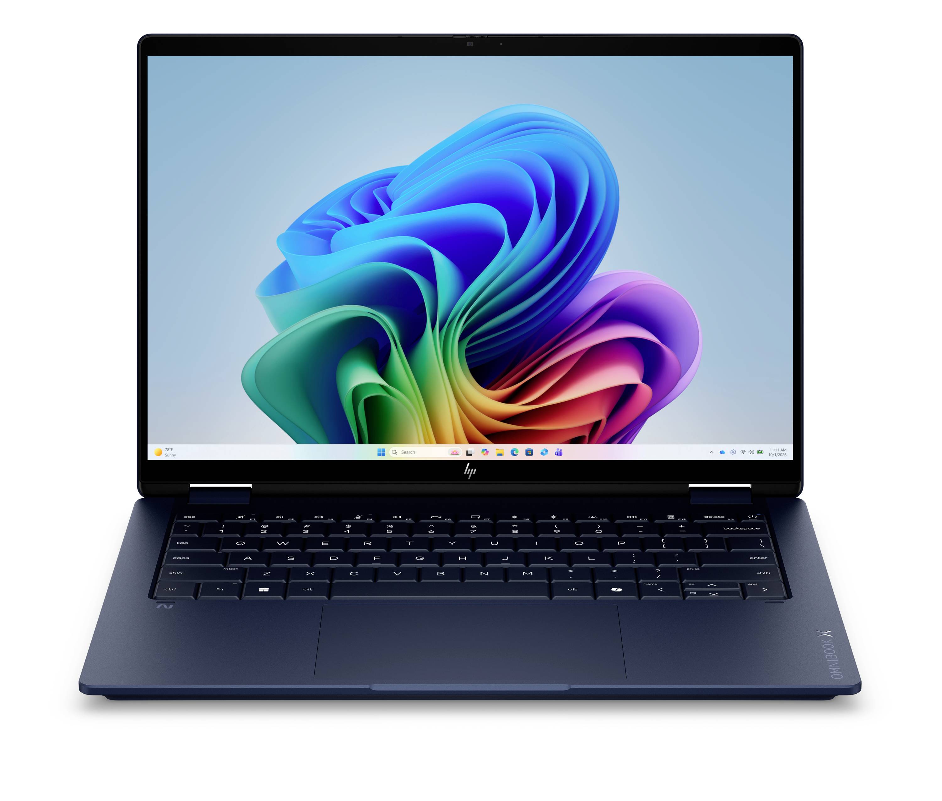 Offenes HP-Laptop zeigt den Windows 11-Desktop mit einer farbenfrohen abstrakten Wirbeltapete.