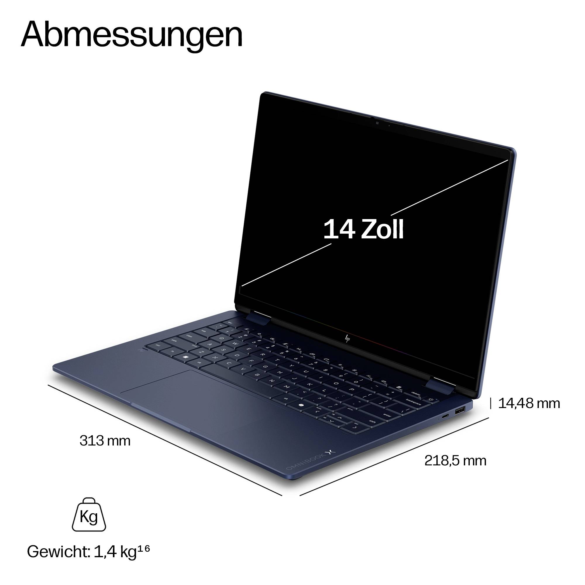 14-Zoll-Laptop geöffnet mit Abmessungen von 313 mm x 218,5 mm x 14,48 mm und Gewicht von 1,4 kg.