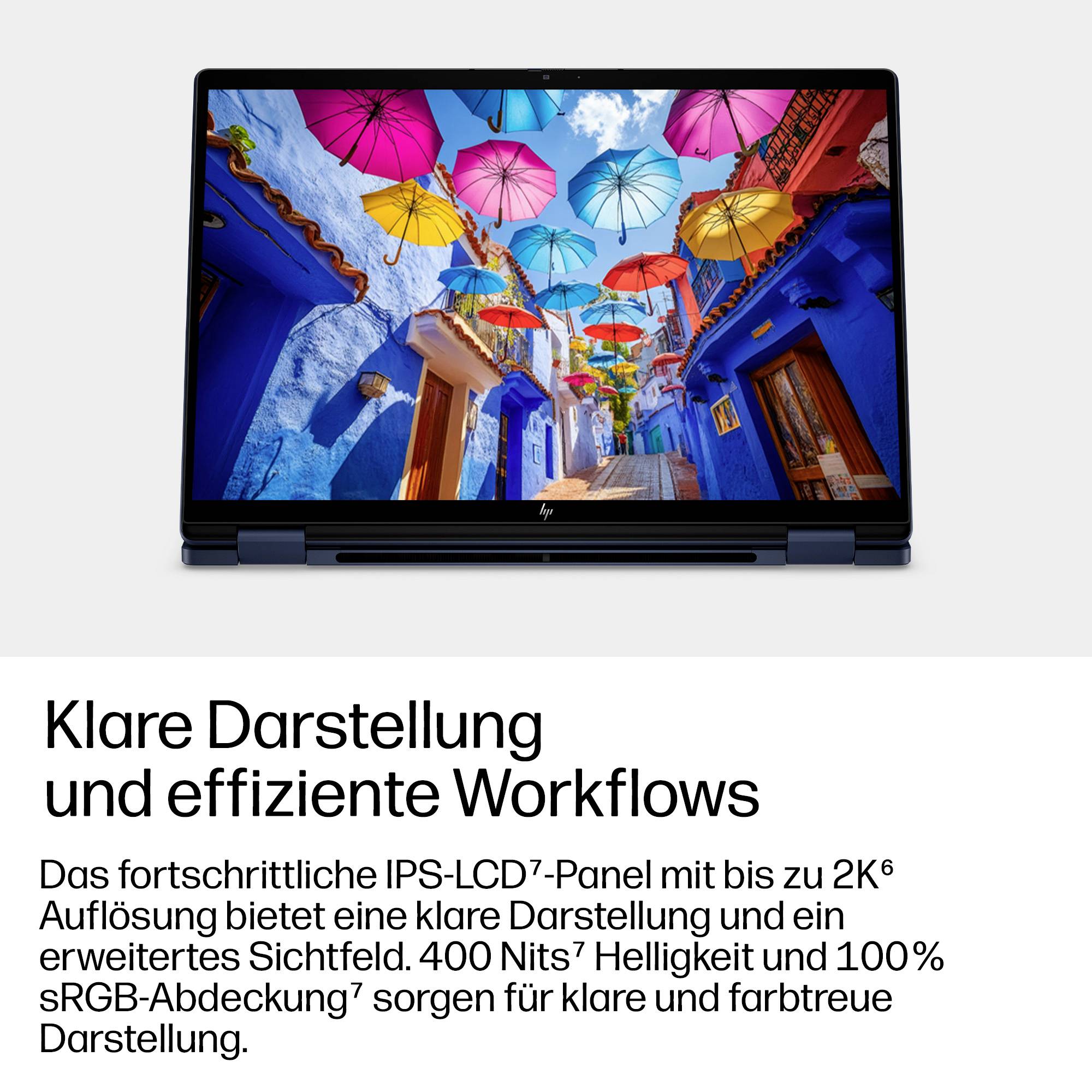 Laptop mit lebendiger Regenschirm-Straßenszene auf dem Bildschirm, der eine scharfe Anzeige und effiziente Arbeitsabläufe bewirbt. Deutscher Text über IPS LCD, 2K-Auflösung, 400 Nits Helligkeit und 100% sRGB.