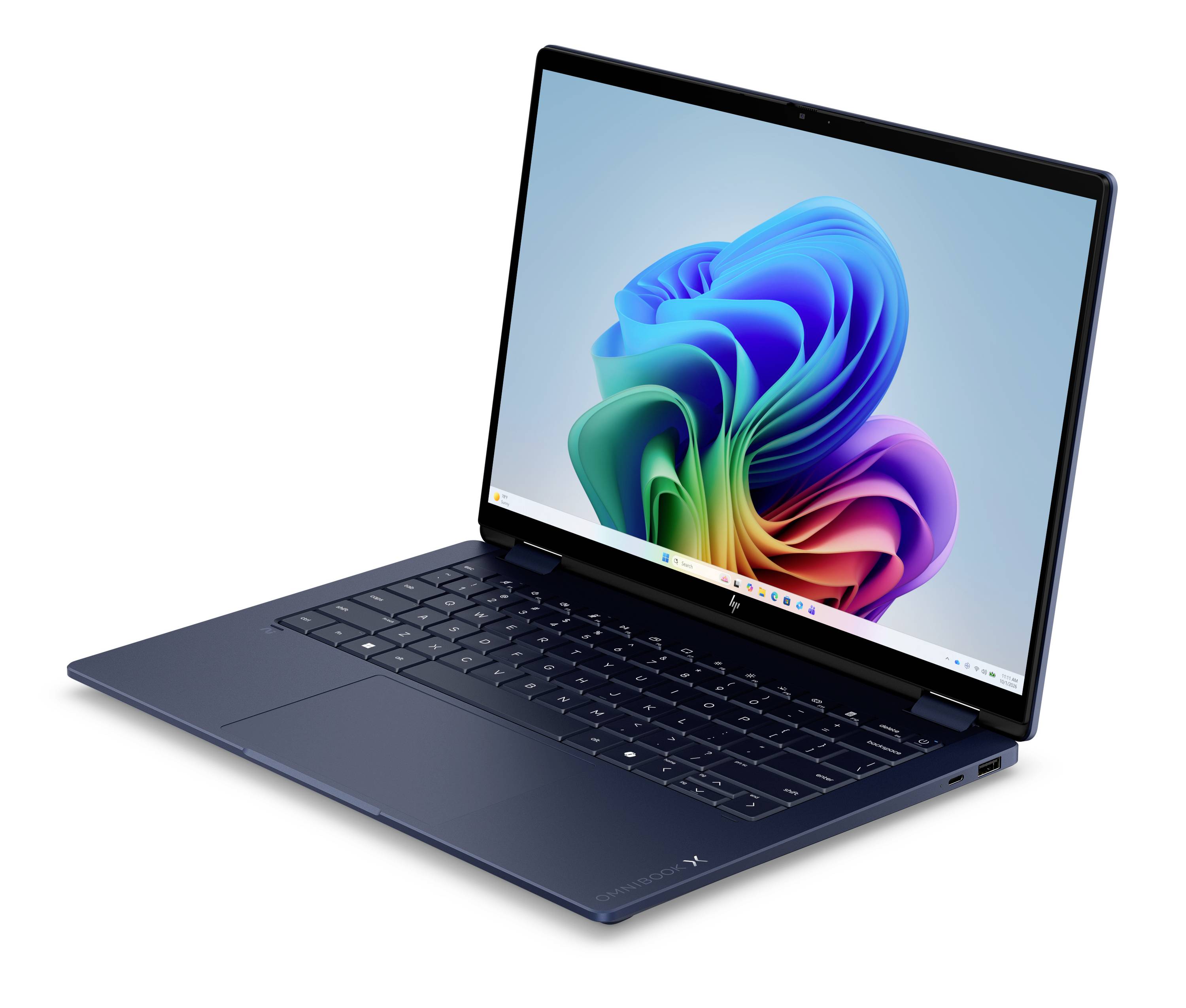 Ein offener dunkelblauer Laptop mit einem farbenfrohen abstrakten Windows-ähnlichen Hintergrund auf dem Bildschirm.