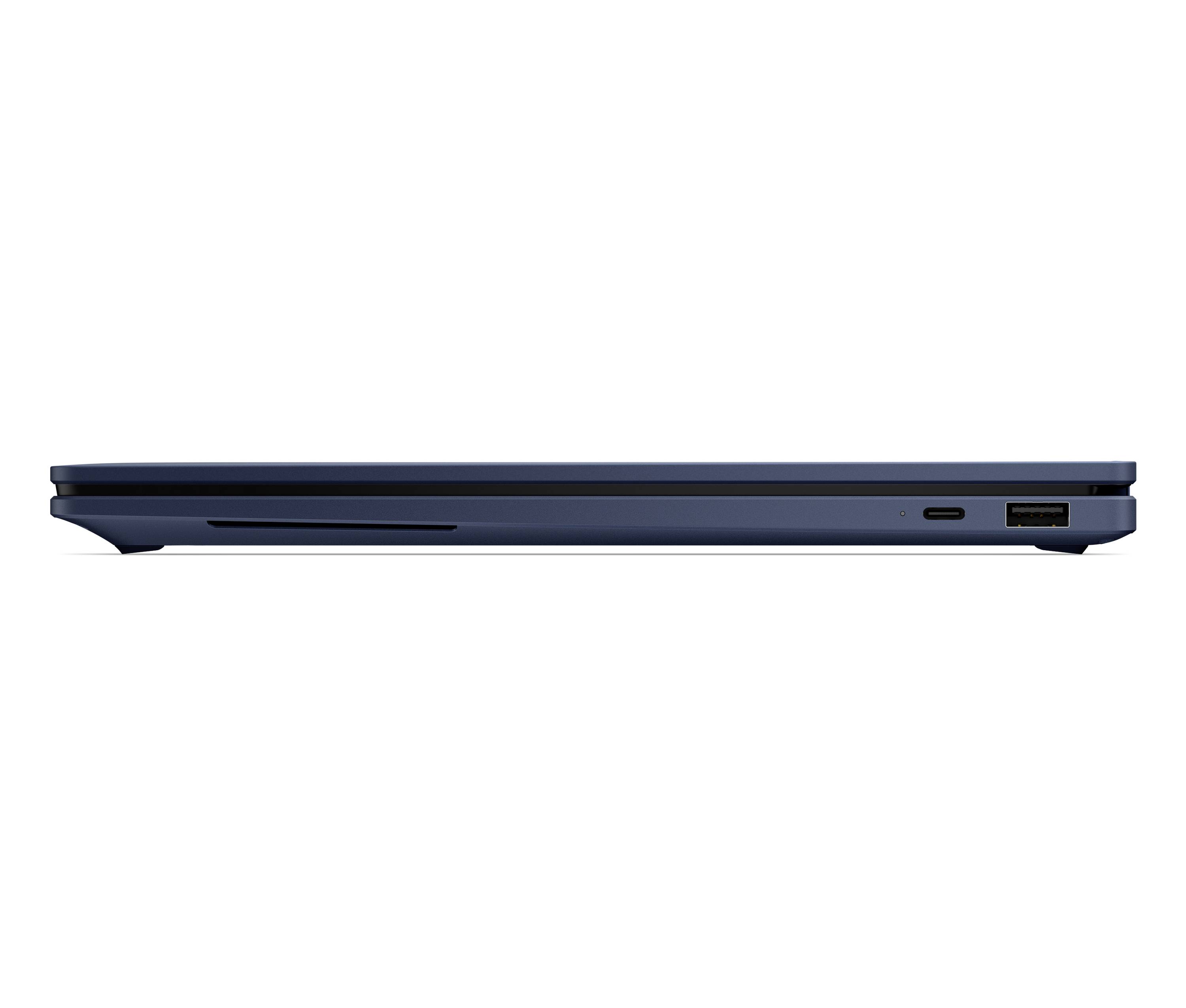 Seitenansicht eines dünnen dunkelblau Laptops, geschlossen auf weißem Hintergrund mit sichtbaren Seitenports.