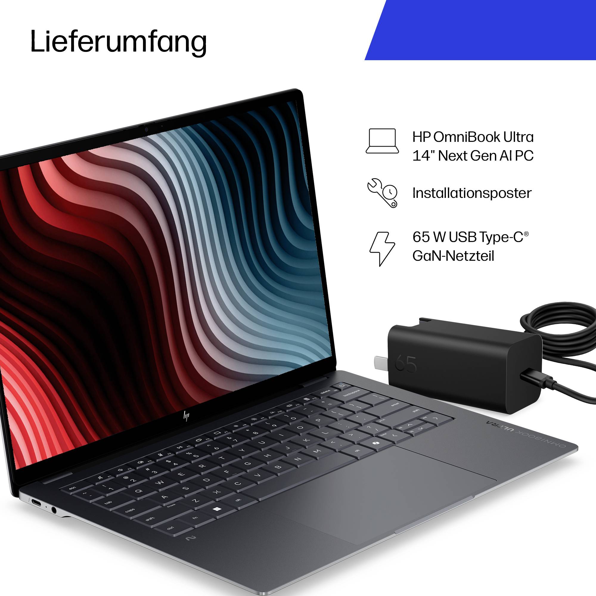 HP OmniBook Ultra 14-Zoll Next Gen AI PC mit enthaltenen Postern und 65W USB Type-C GaN-Netzteil unter der Überschrift „Lieferumfang".