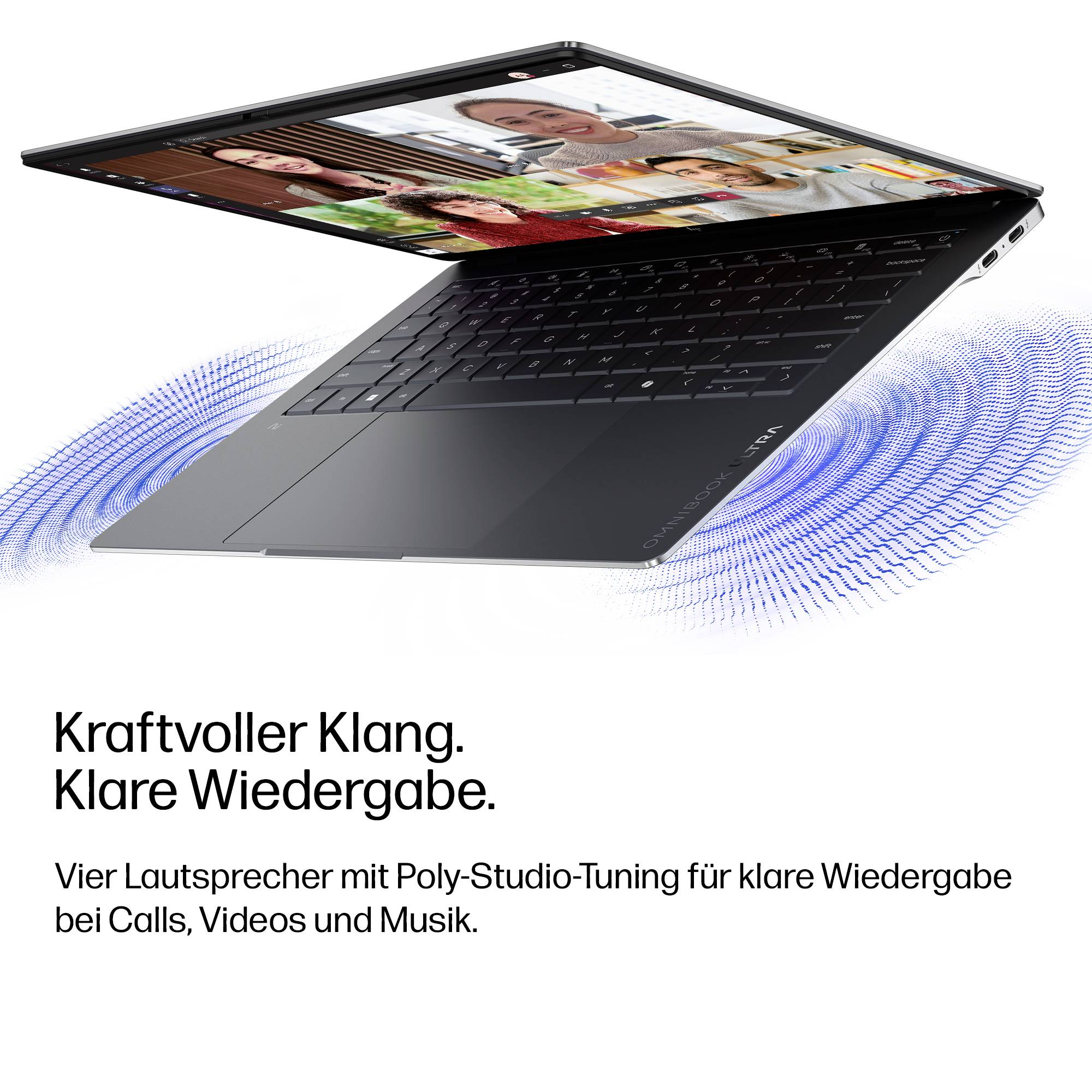Laptop mit schwebendem Bildschirm und blauen Schallwellen; deutscher Text sagt "Starker Sound. Klare Wiedergabe." und vermerkt vier Lautsprecher mit Poly Studio Abstimmung für Anrufe, Videos und Musik.