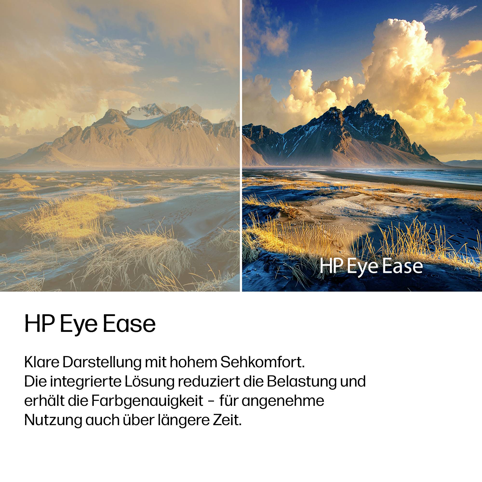 Split-Screen-Landschaftsvergleich zeigt reduzierte Augenbelastung: links ausgeblichen, rechts lebendige Bergszene mit der Bezeichnung „HP Eye Ease" mit deutschem Text über klarere Betrachtung und Farbgenauigkeit.