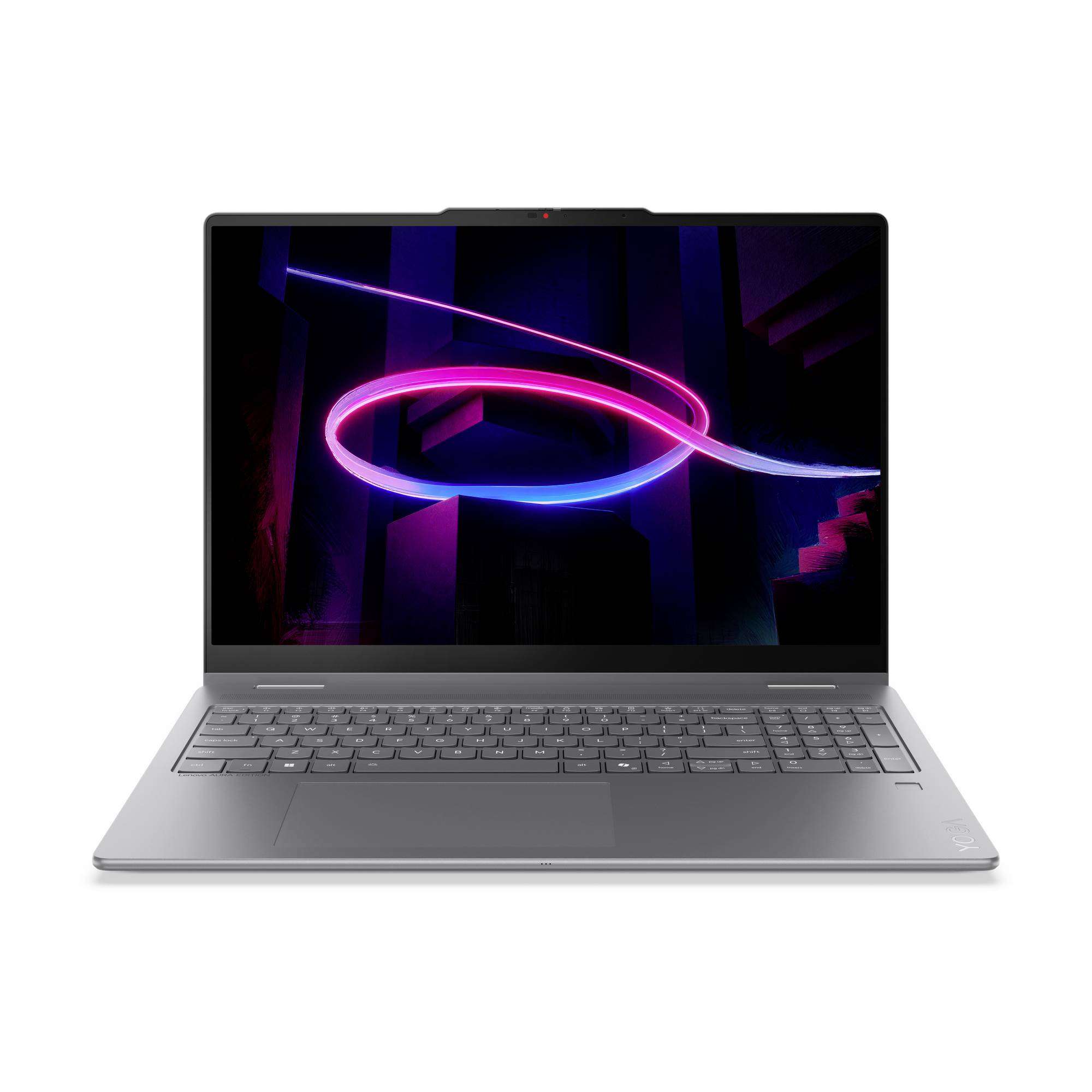 Silberner Laptop offen mit abstraktem neonpink und blauem Grafikdesign auf dem Bildschirm, Vorderansicht auf weißem Hintergrund dargestellt.
