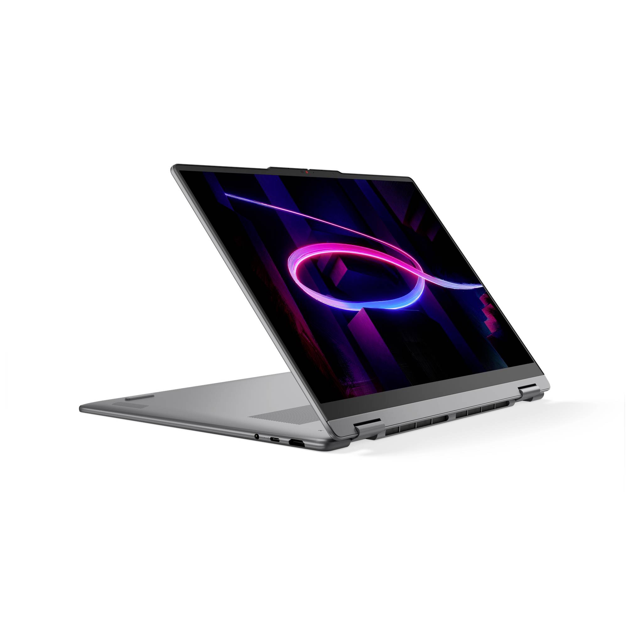 Silberner 2-in-1-Laptop im Zeltmodus auf weißem Hintergrund, auf dem Bildschirm ein farbenfroher abstrakter Neonring.