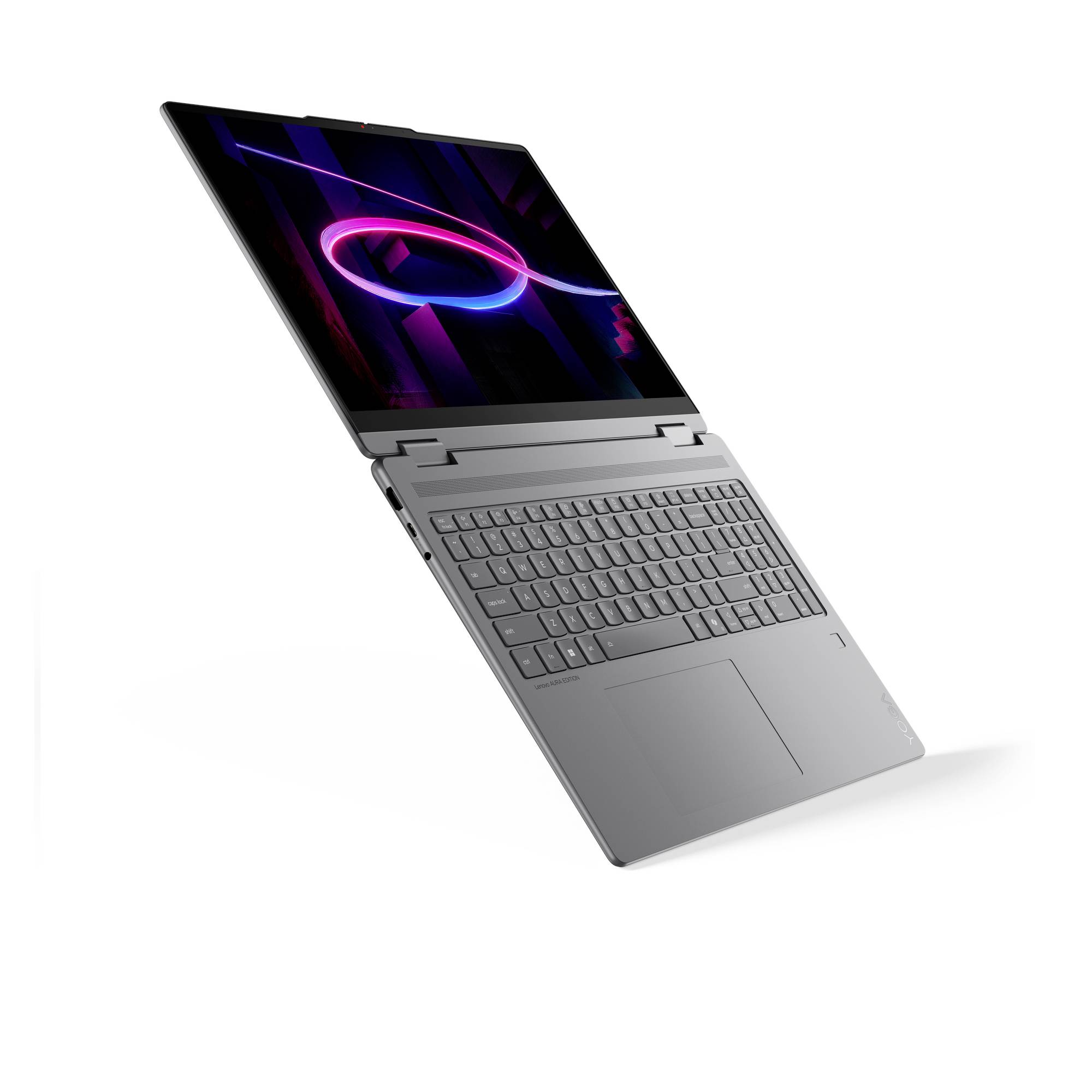Silberner Convertible-Laptop in geöffneter Position im Winkel dargestellt, mit leuchtender abstrakter Neon-Tapete auf dem Display.