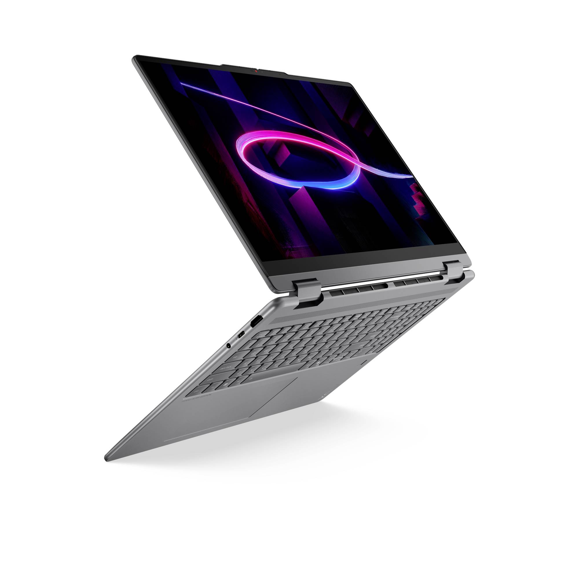 Silberner 2-in-1-Laptop, geöffnet im Zeltmodus, mit leuchtendem neon-abstraktem Bildschirm auf weißem Hintergrund.