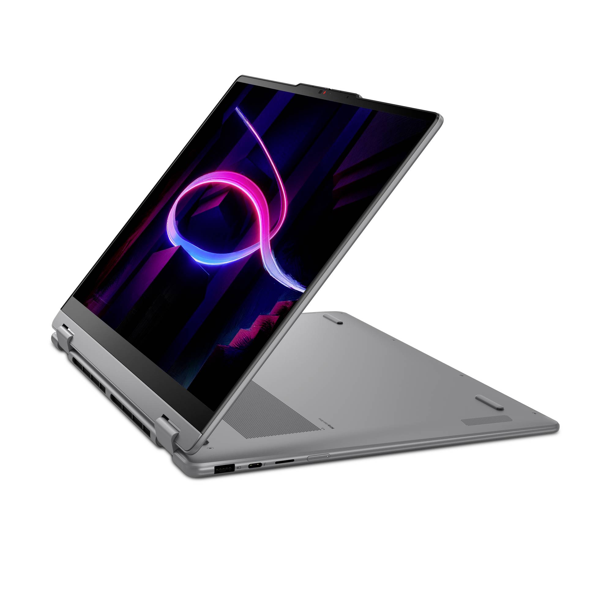 Konvertibles Laptop im Zeltmodus mit abstrakt leuchtender Tapete auf dem Bildschirm, auf weißem Hintergrund dargestellt.