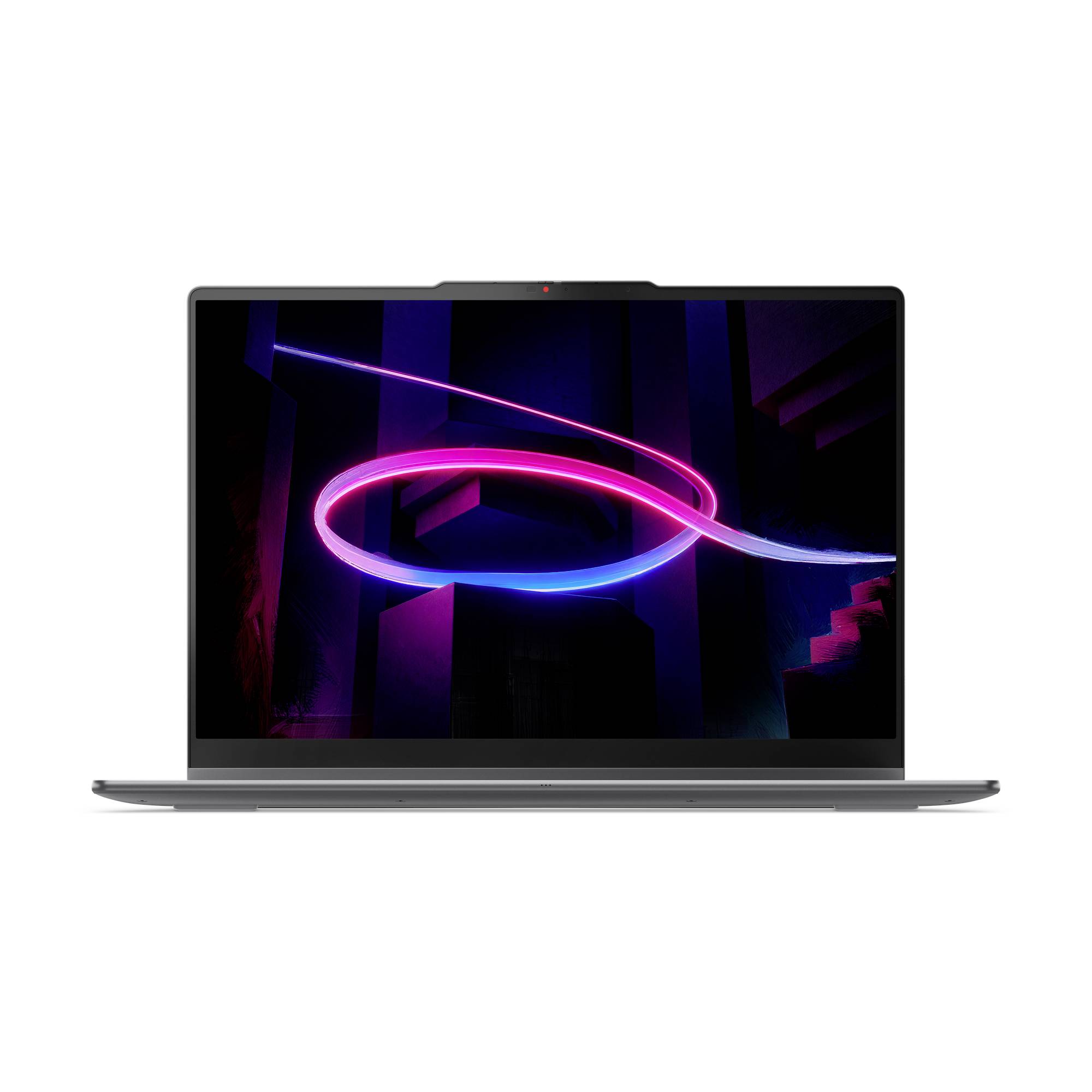 Laptop zeigt eine neon-rosa und blau leuchtende abstrakte Lichtschleife auf einem dunklen geometrischen Hintergrund.