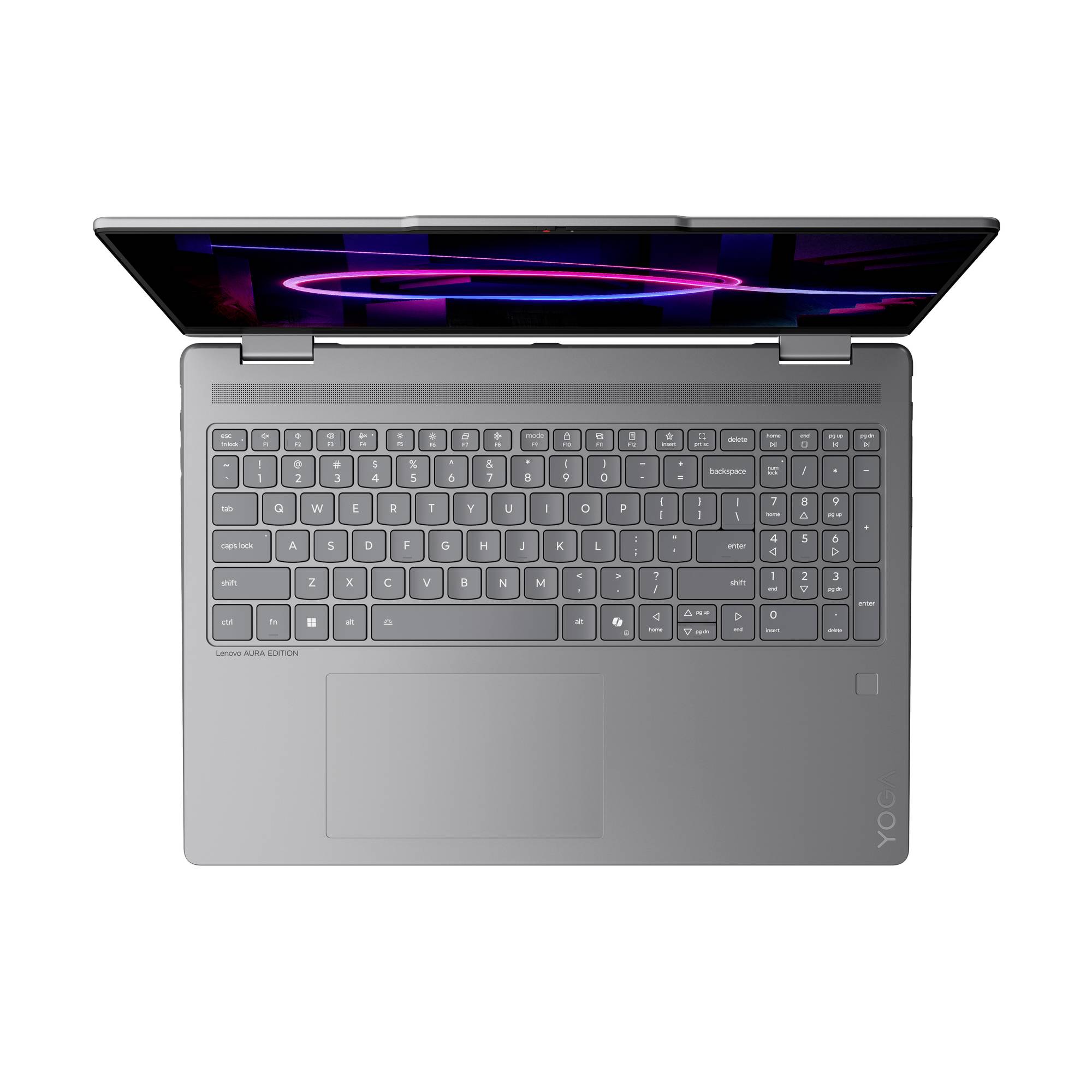 Draufsicht auf einen offenen grauen Laptop mit Tastatur, großem Touchpad und leuchtendem Bildschirm, der einen violetten Neon-Ring auf dunklem Hintergrund zeigt.