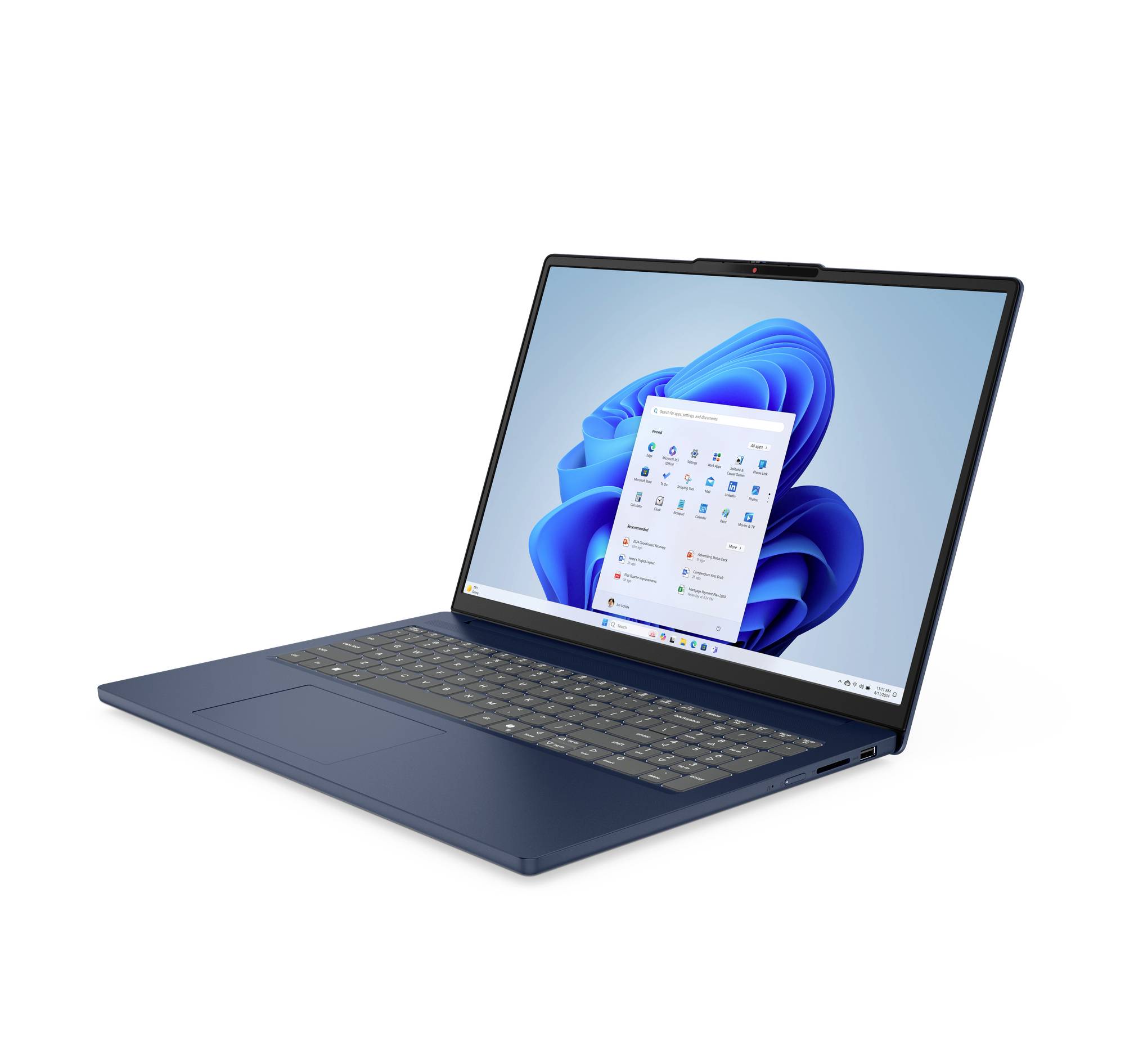 Blauer Laptop-Computer, der in einem Winkel aufgeklappt ist und einen Windows-11-Desktop auf dem Bildschirm anzeigt.