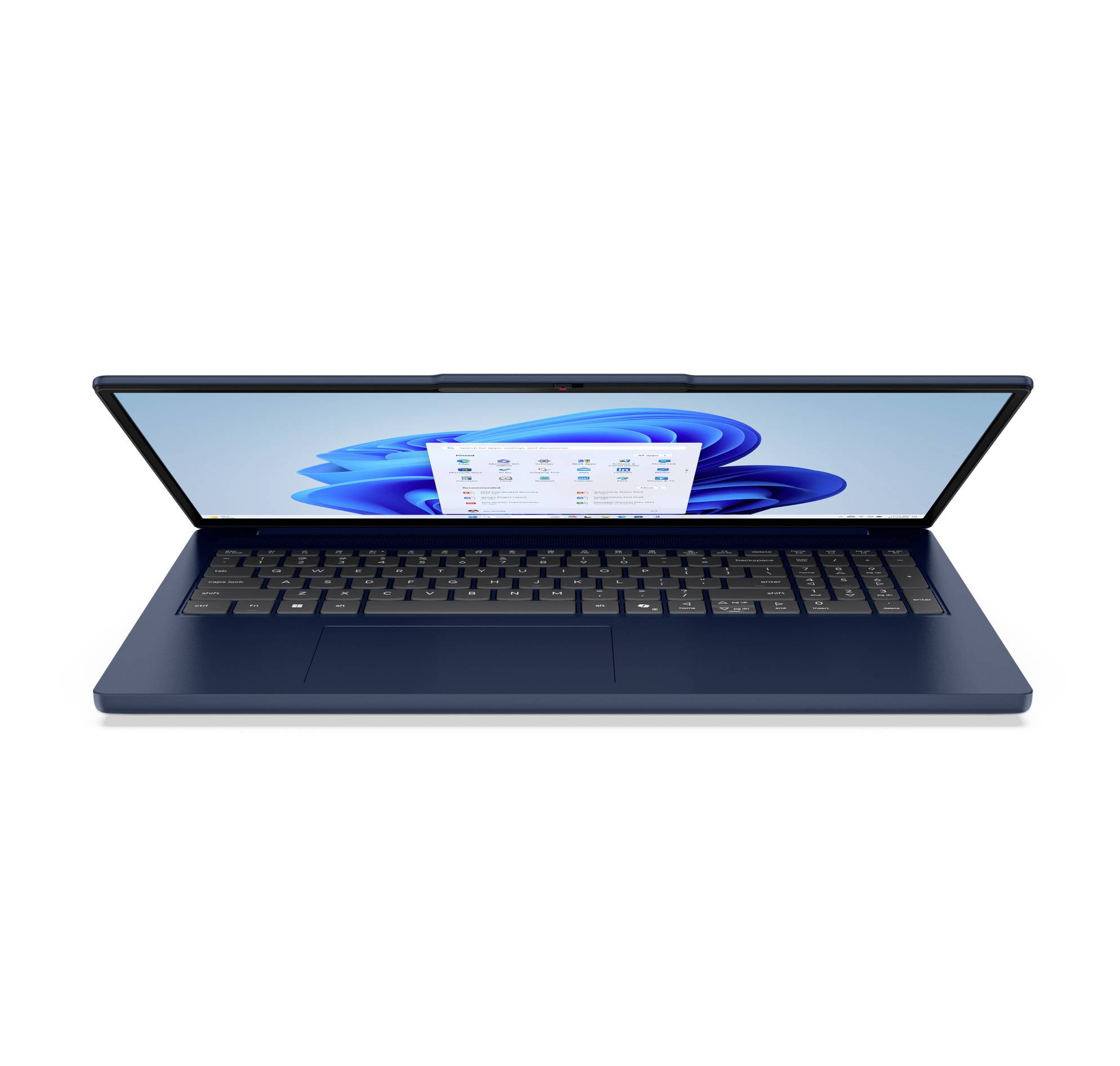 Aufgeklappter Laptop-Computer mit blauem Bildschirm, der einen Windows-Desktop und ein Dateienfenster auf weißem Hintergrund anzeigt.