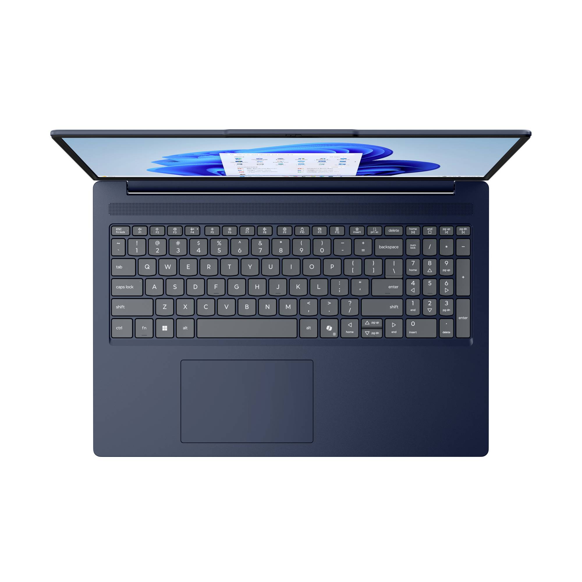 Draufsicht auf einen offenen dunkelblaunen Laptop mit Tastatur, Touchpad und Bildschirm, der einen Windows-Desktop auf weißem Hintergrund zeigt.
