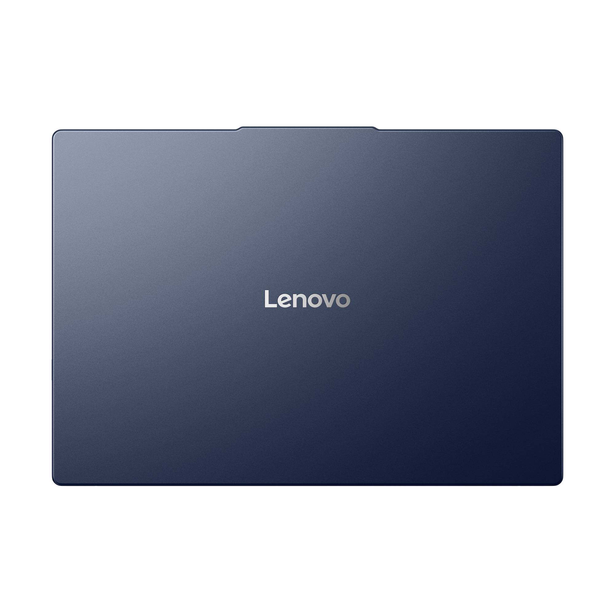 Geschlossener dunkelblauer Lenovo-Laptop mit zentriertem Lenovo-Logo auf weißem Hintergrund.