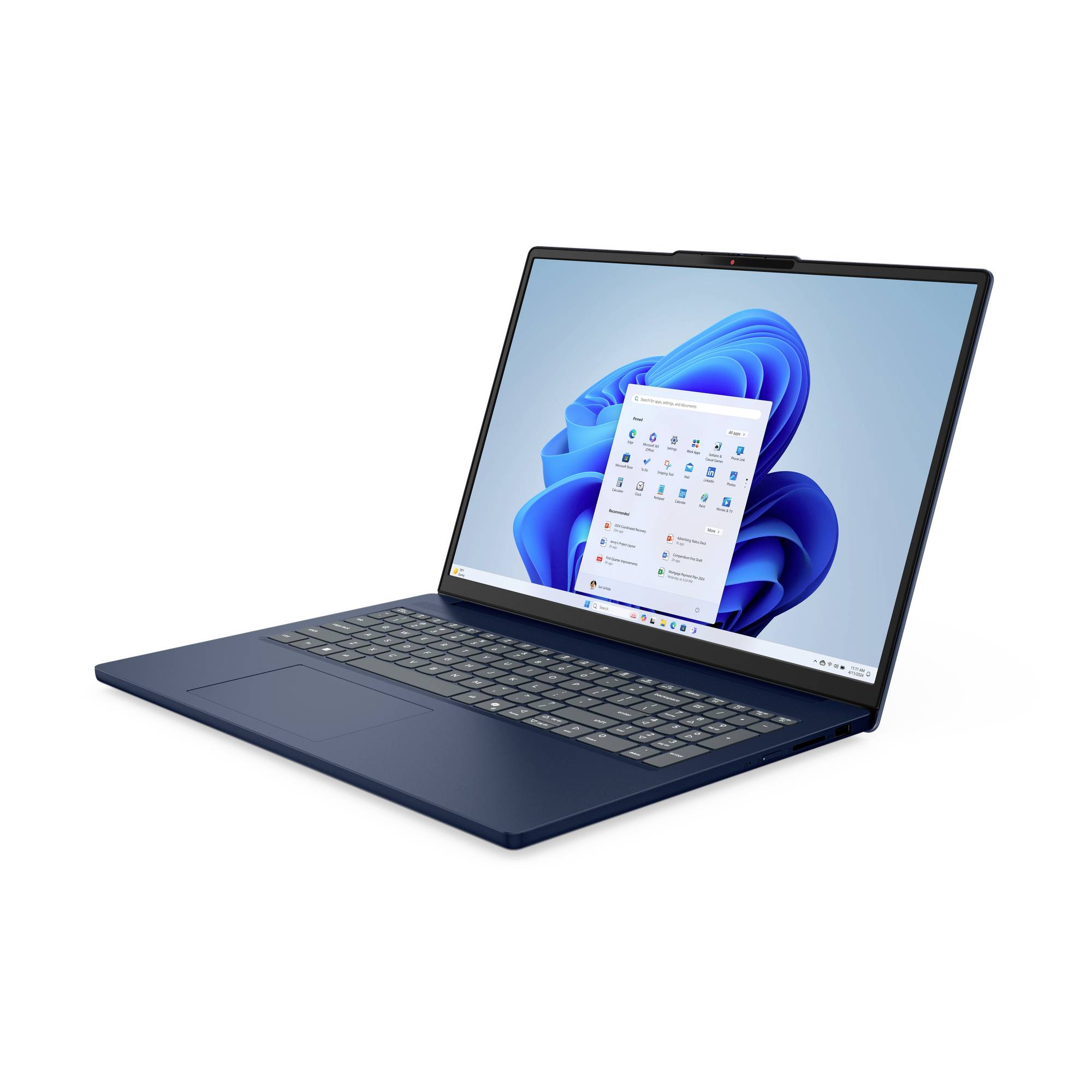 Dunkelblauer Laptop auf weißem Hintergrund aufgeklappt, zeigt den Windows 11-Desktop auf seinem Bildschirm.