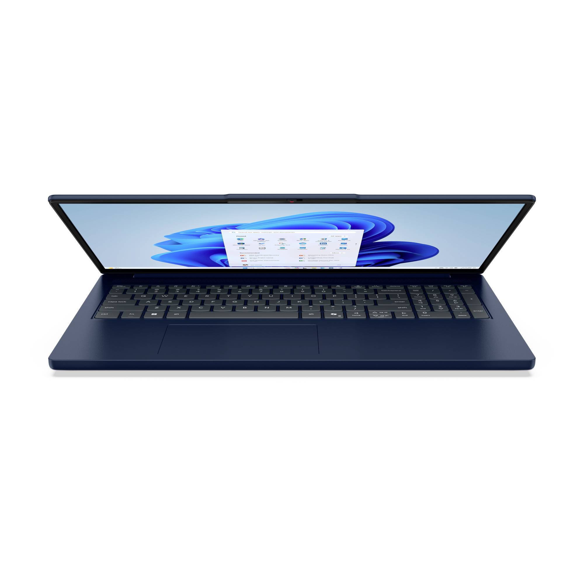 Offener blauer Laptop mit Bildschirm, auf dem ein Windows-ähnlicher Desktop auf weißem Hintergrund angezeigt wird.