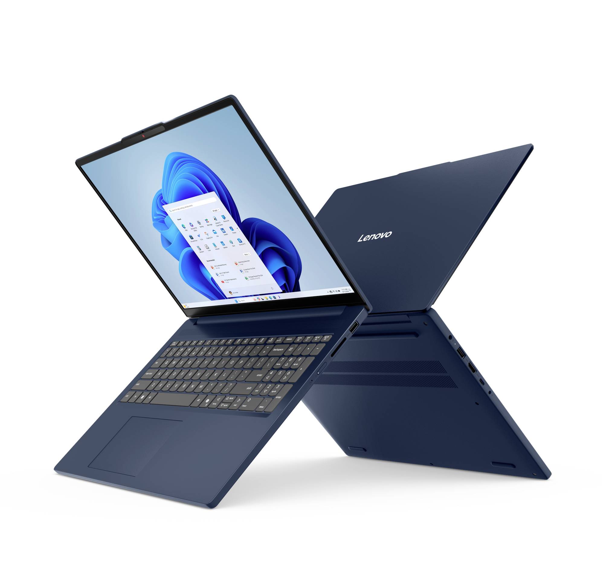 Lenovo-Laptop in zwei Positionen gezeigt, eine offen mit Windows-Desktop auf dem Bildschirm und eine nach hinten umgeklappt, wobei das konvertierbare 2-in-1-Design hervorgehoben wird.