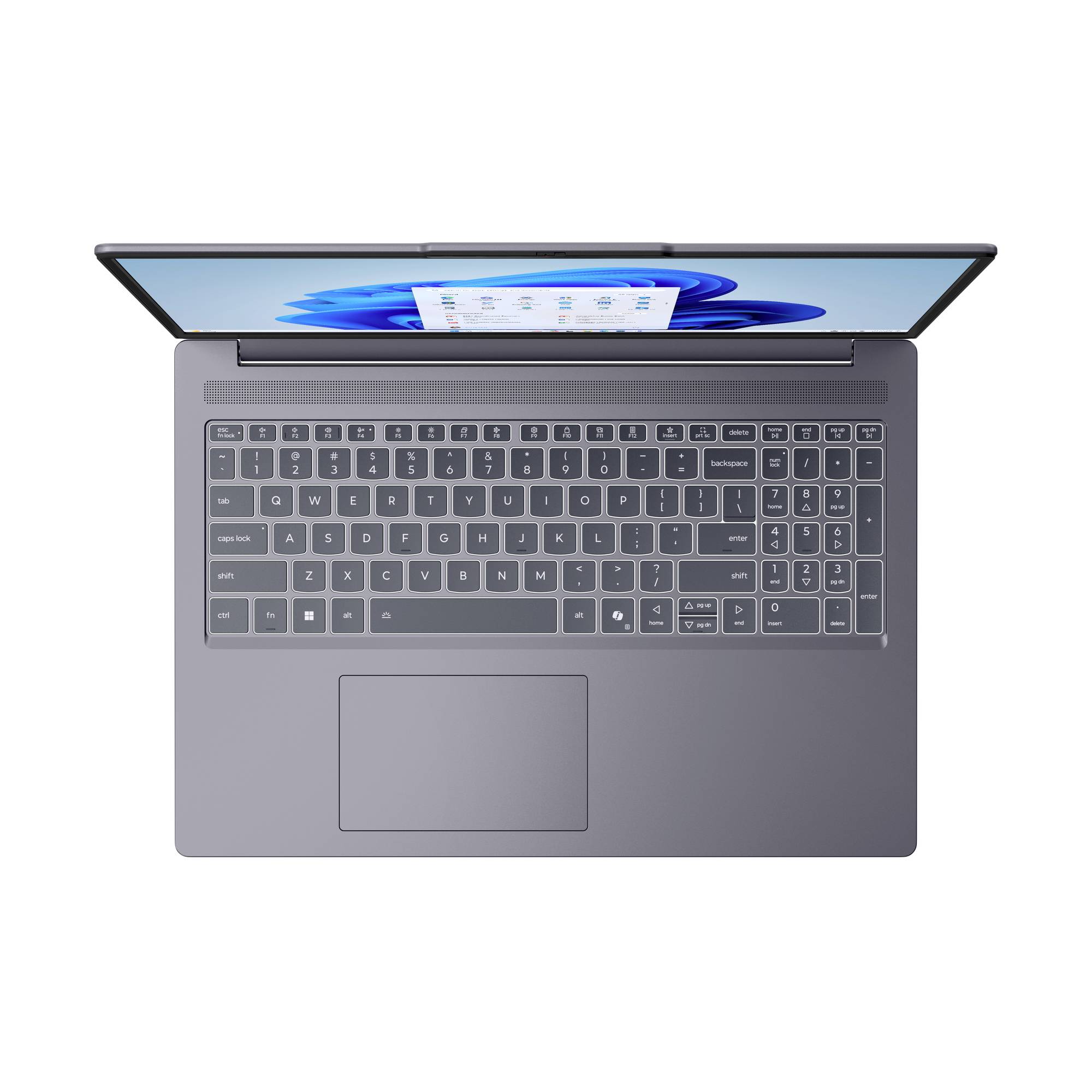 Draufsicht auf einen geöffneten Laptop mit Tastatur, großem Touchpad und Bildschirm, der einen Windows-ähnlichen Desktop anzeigt.