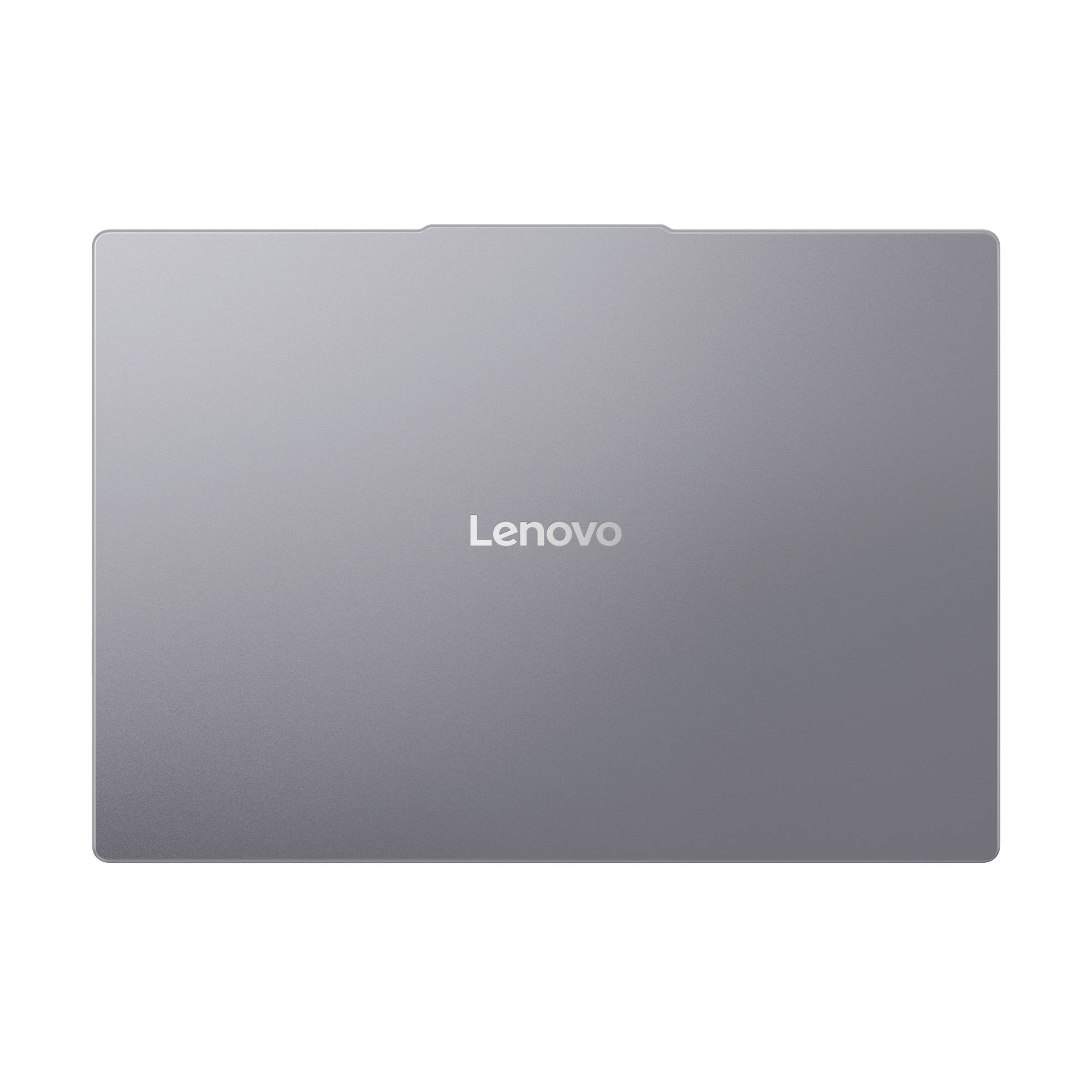 Geschlossener grauer Lenovo-Laptop von oben auf weißem Hintergrund betrachtet.