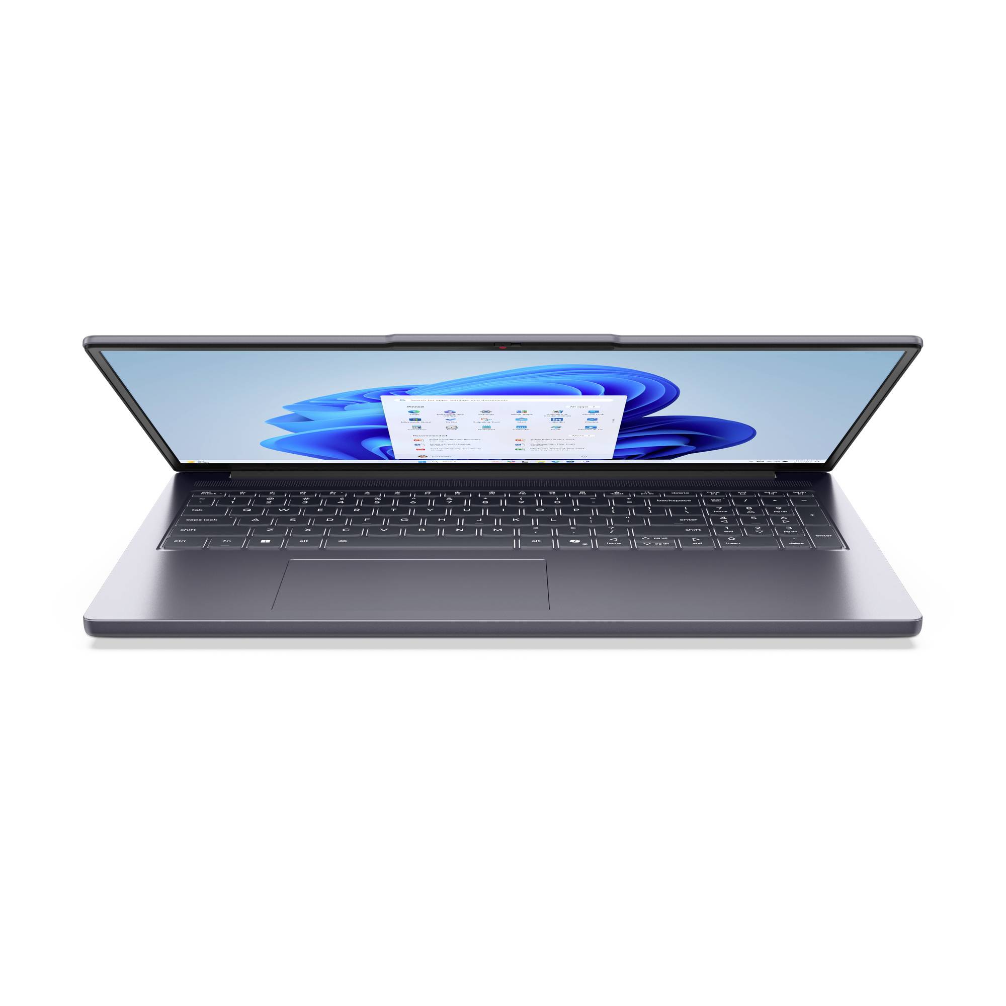 Offener Laptop, der einen Windows 11-Desktop mit einem zentrierten Fenster auf einem blauen abstrakten Hintergrund zeigt.