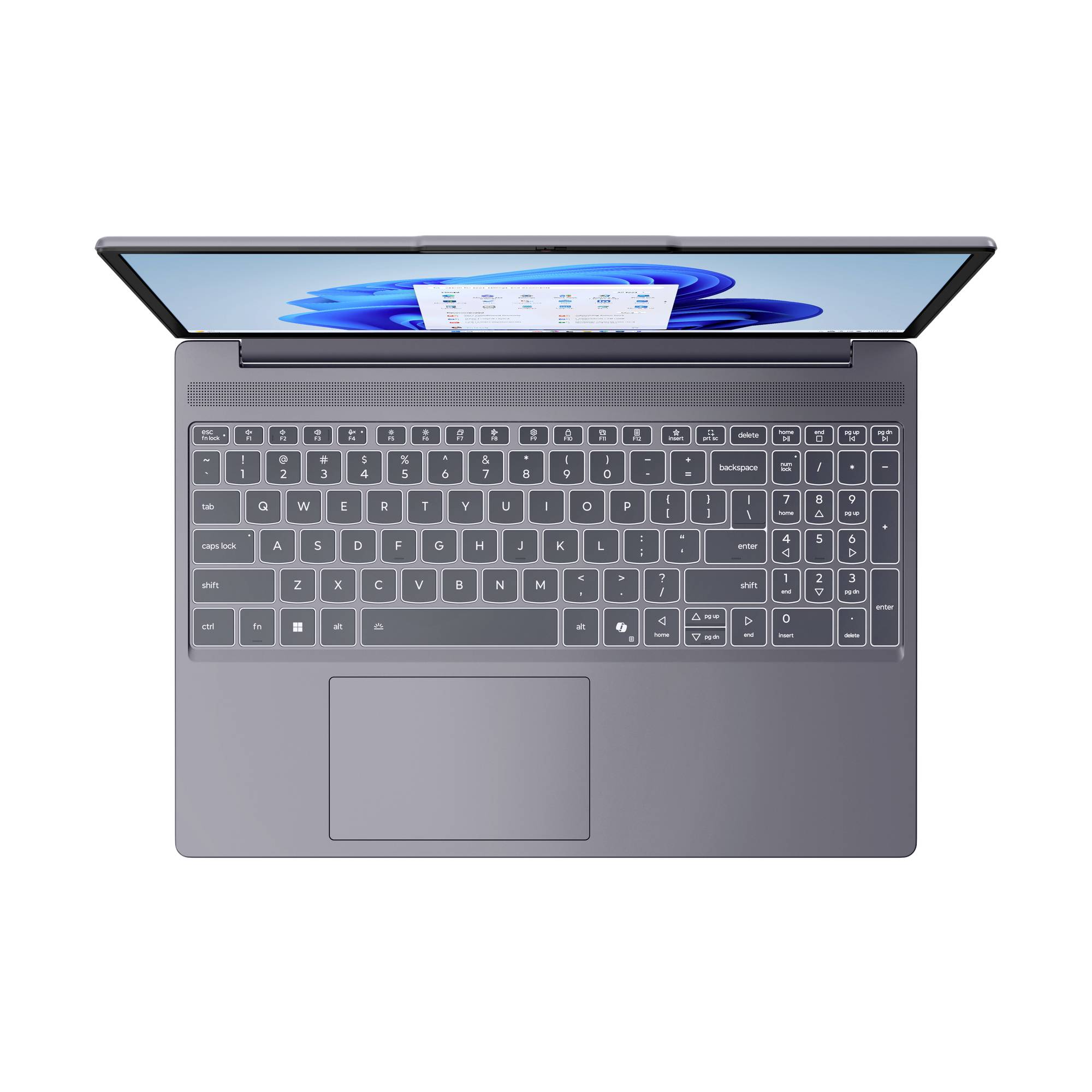 Draufsicht auf einen offenen grauen Laptop mit Bildschirm, Tastatur und großem Touchpad auf weißem Hintergrund.