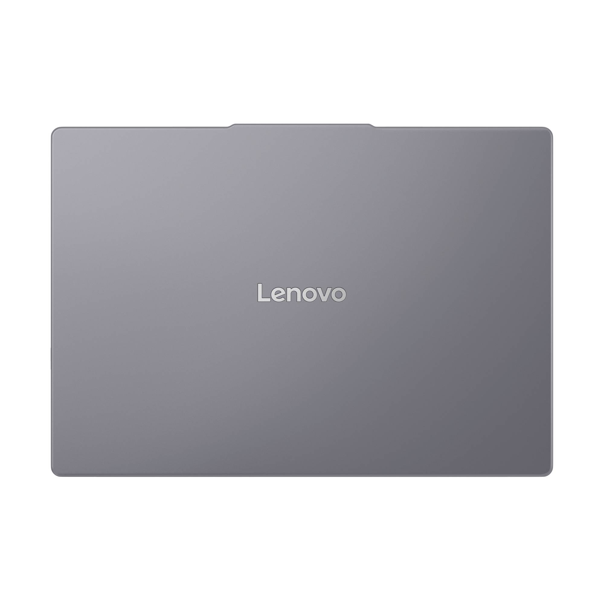 Geschlossenes graues Lenovo-Laptop von hinten betrachtet, mit dem Lenovo-Logo mittig auf dem Deckel.