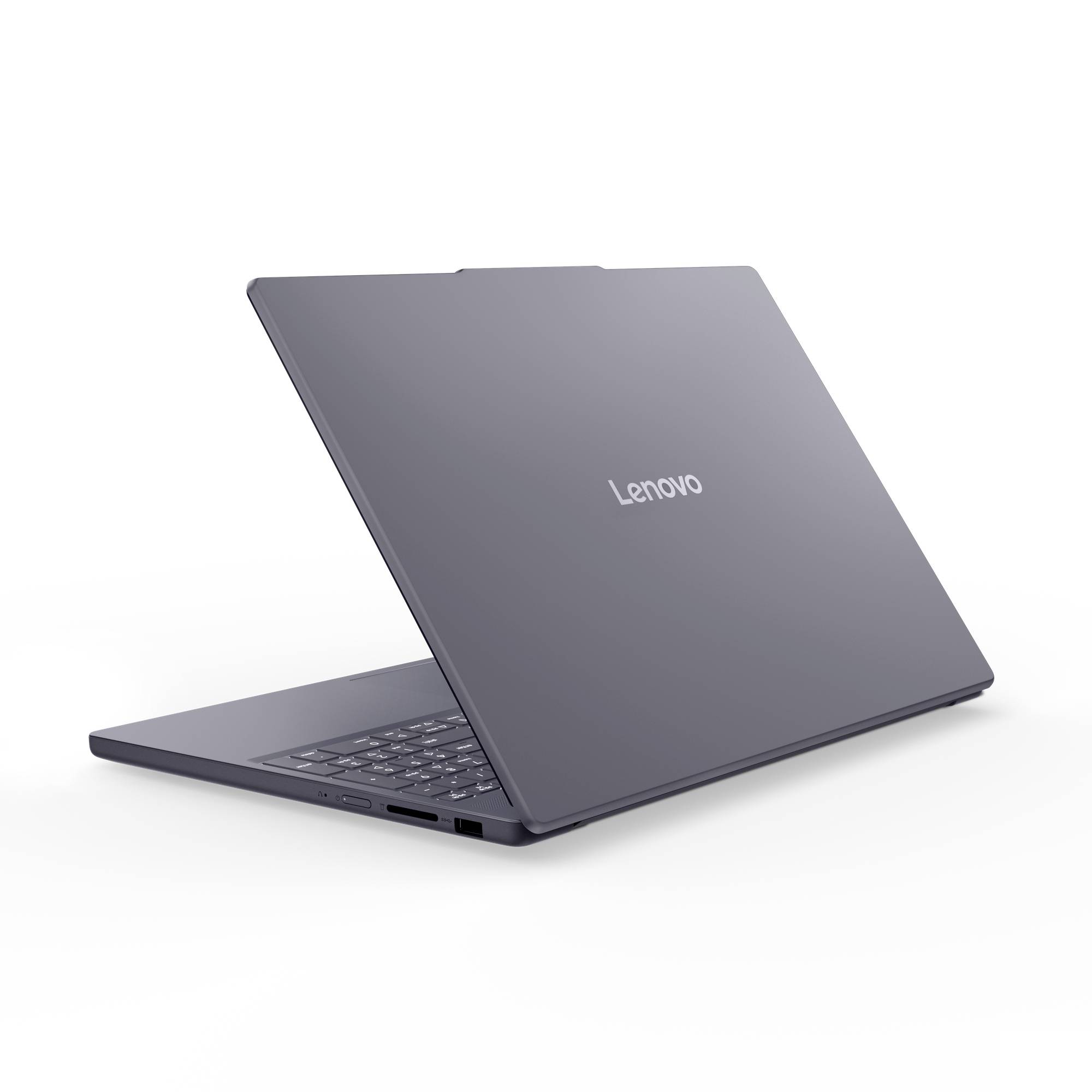 Grauer Lenovo-Laptop, der auf weißem Hintergrund teilweise geöffnet ist, mit sichtbarer Tastatur und Seitenports.