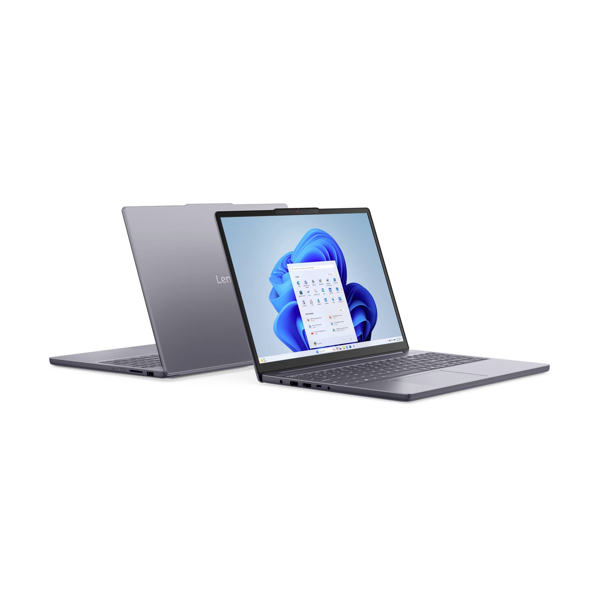 Zwei graue Lenovo-Laptops, einer offen mit einem Windows-11-Desktop, auf weißem Hintergrund angezeigt.