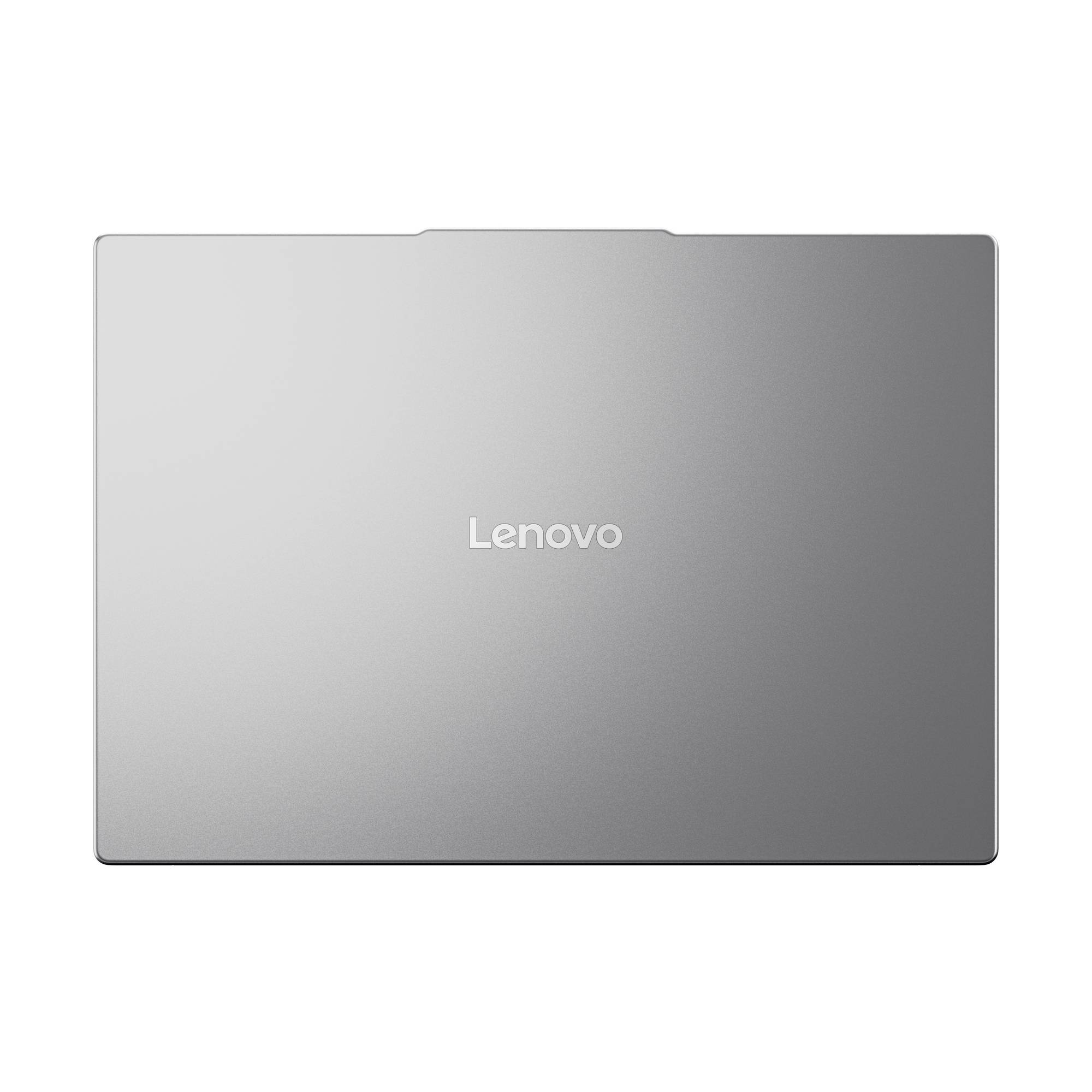 Geschlossener silberner Lenovo-Laptop von oben fotografiert mit dem Logo in der Mitte des Deckels.