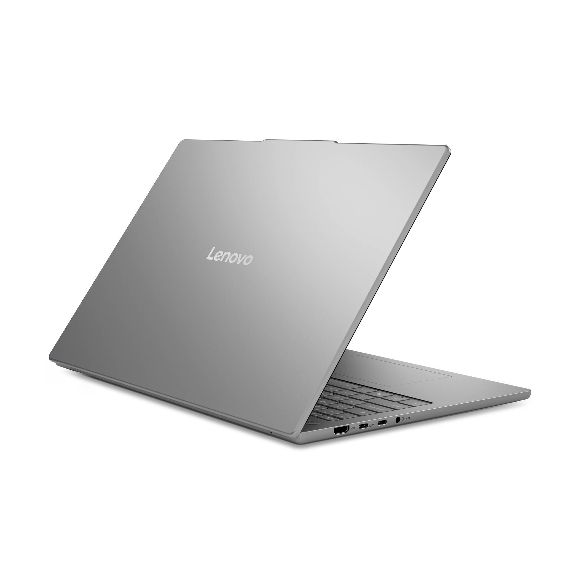Offener silberner Lenovo-Laptop, der in einem Winkel auf weißem Hintergrund gezeigt wird.