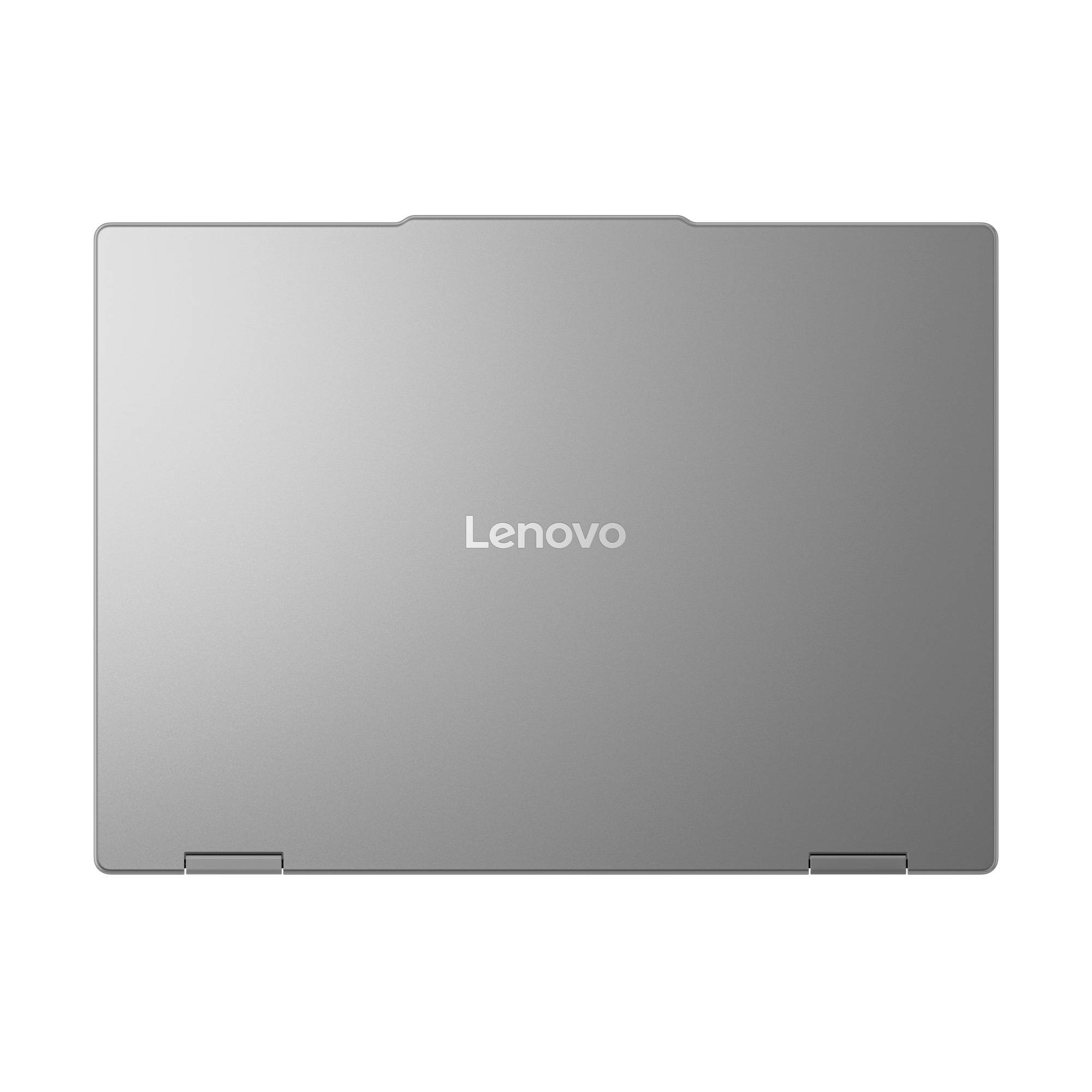 Geschlossener silberner Lenovo-Laptop mit zentriertem Logo auf dem Deckel.