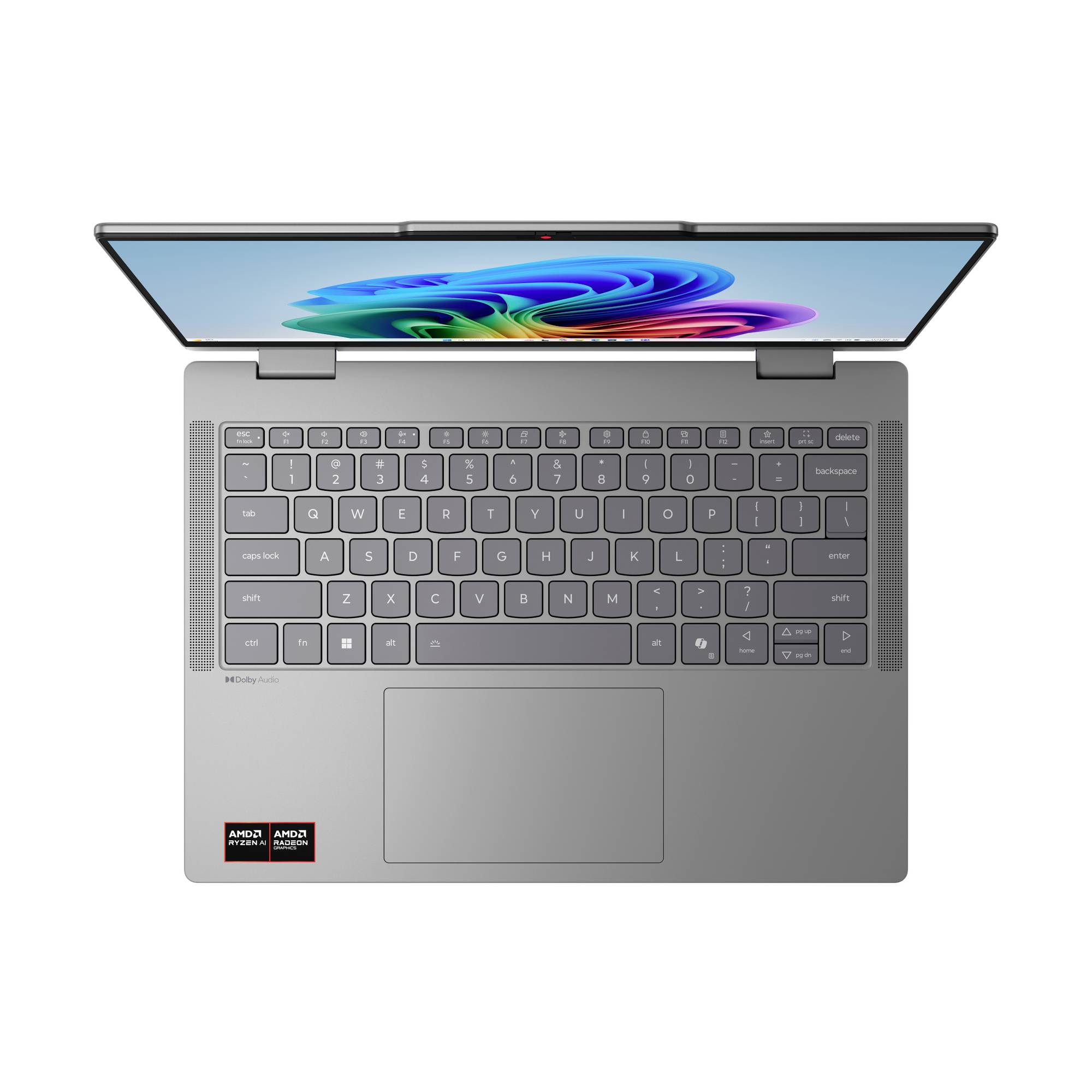 Draufsicht auf einen grauen Laptop mit teilweise geöffnetem Bildschirm, der eine farbenfrohe abstrakte Tapete zeigt, und einer vollständigen Tastatur mit großem Touchpad.
