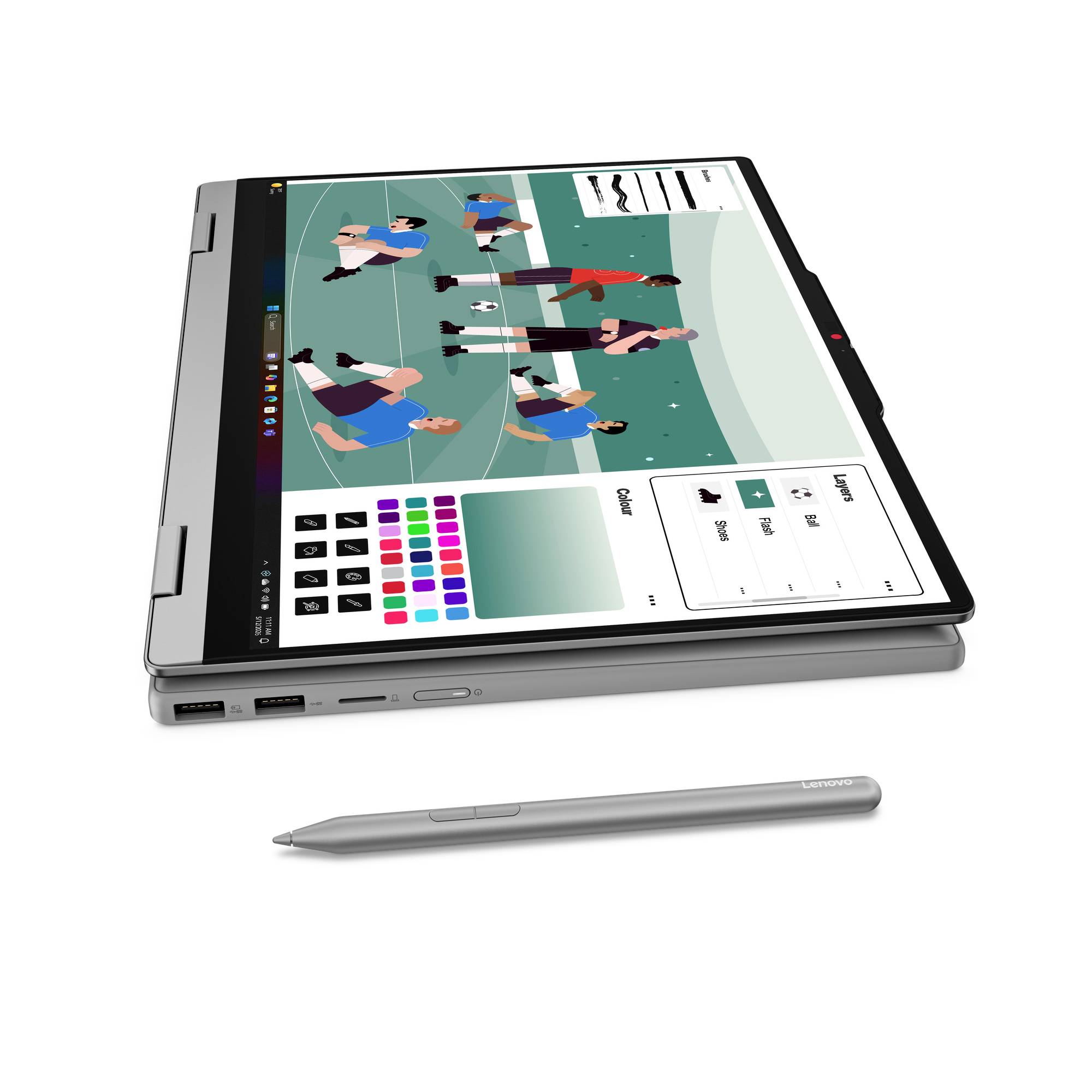 Faltbares Tablet im Zeltmodus mit einer Digital-Zeichnungs-App, die Menschen auf einem Sportplatz zeigt, mit einem Stylus daneben.