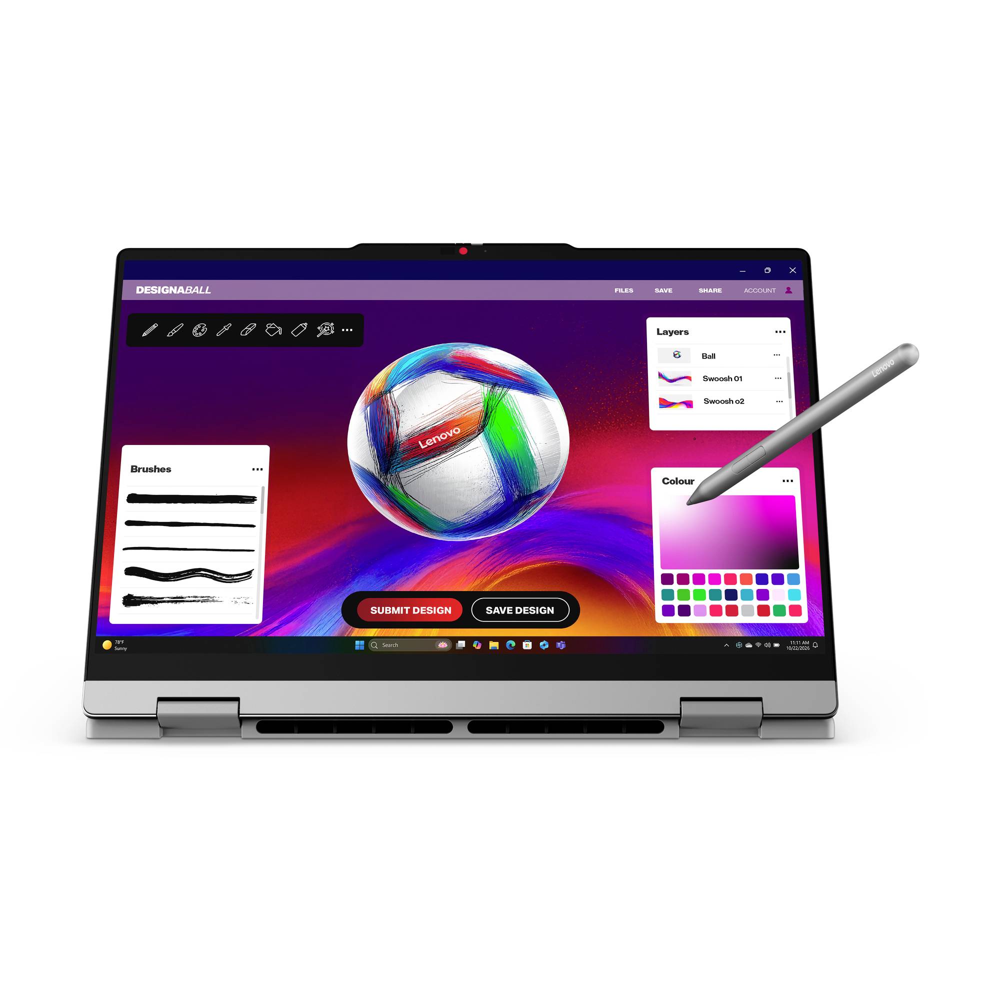 Laptop zeigt eine digitale Design-App mit einer bunten Ballillustration, Pinselwerkzeugen, Ebenen, Farbpalette und Schaltflächen für "Design einreichen" und "Design speichern"; Stift schwebt über dem Bildschirm.